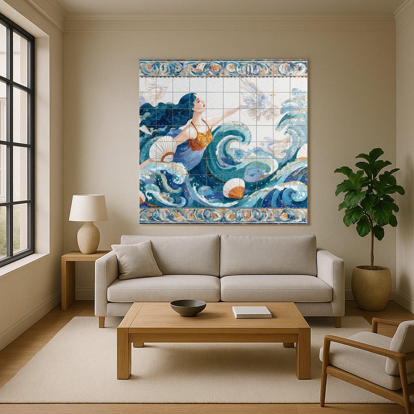Ocean Goddess Tile Mural / Nautical Wall Art / Handmade Ceramic Decor / Marine Borders and Flowing Waves / Ethereal Ocean Scene