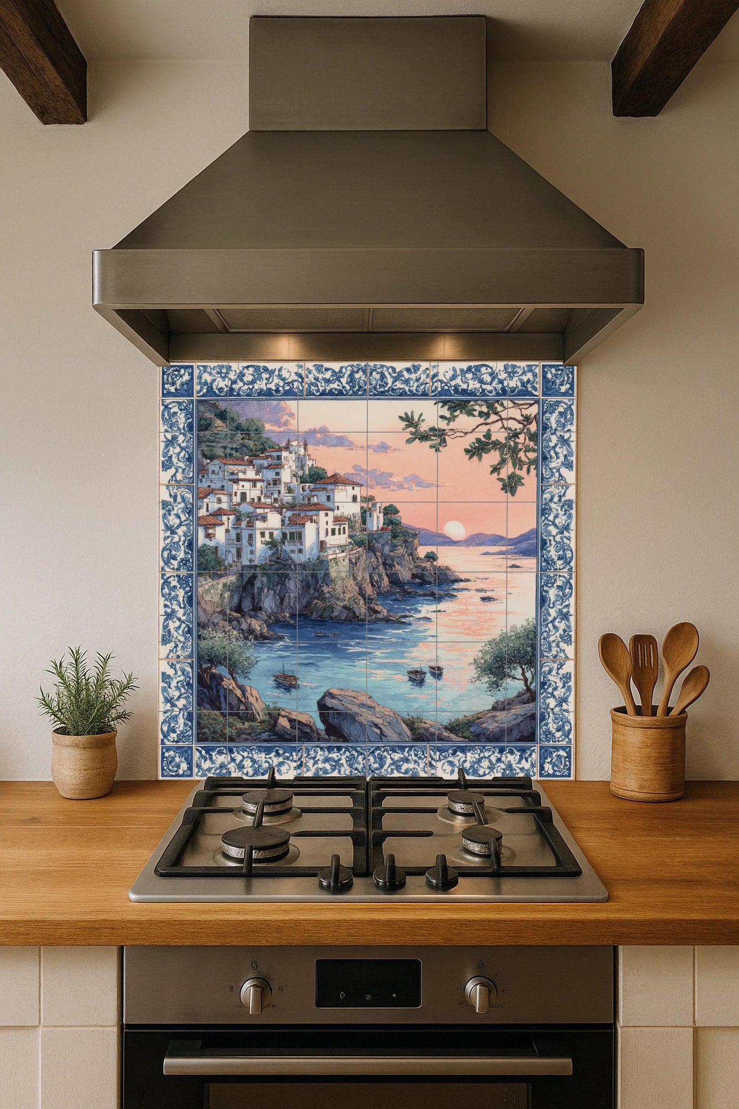 Mediterranean Sunset Tile Mural / Coastal Village Scene / Handmade Ceramic Decoration / Blue and White Tile Art / Mediterranean Cliff