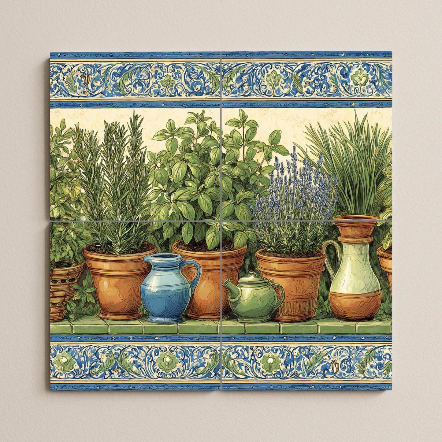 Herb garden tile mural / Rustic Mediterranean wall art / Terracotta pots and fresh herbs / Handmade ceramic decor / Natural kitchen
