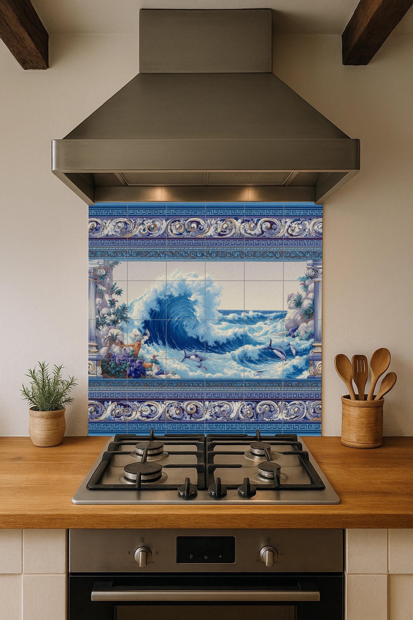 Tile mural with ocean waves / Nautical art with dolphins / Mediterranean decor / Handmade ceramic accent / Greco-Mediterranean style