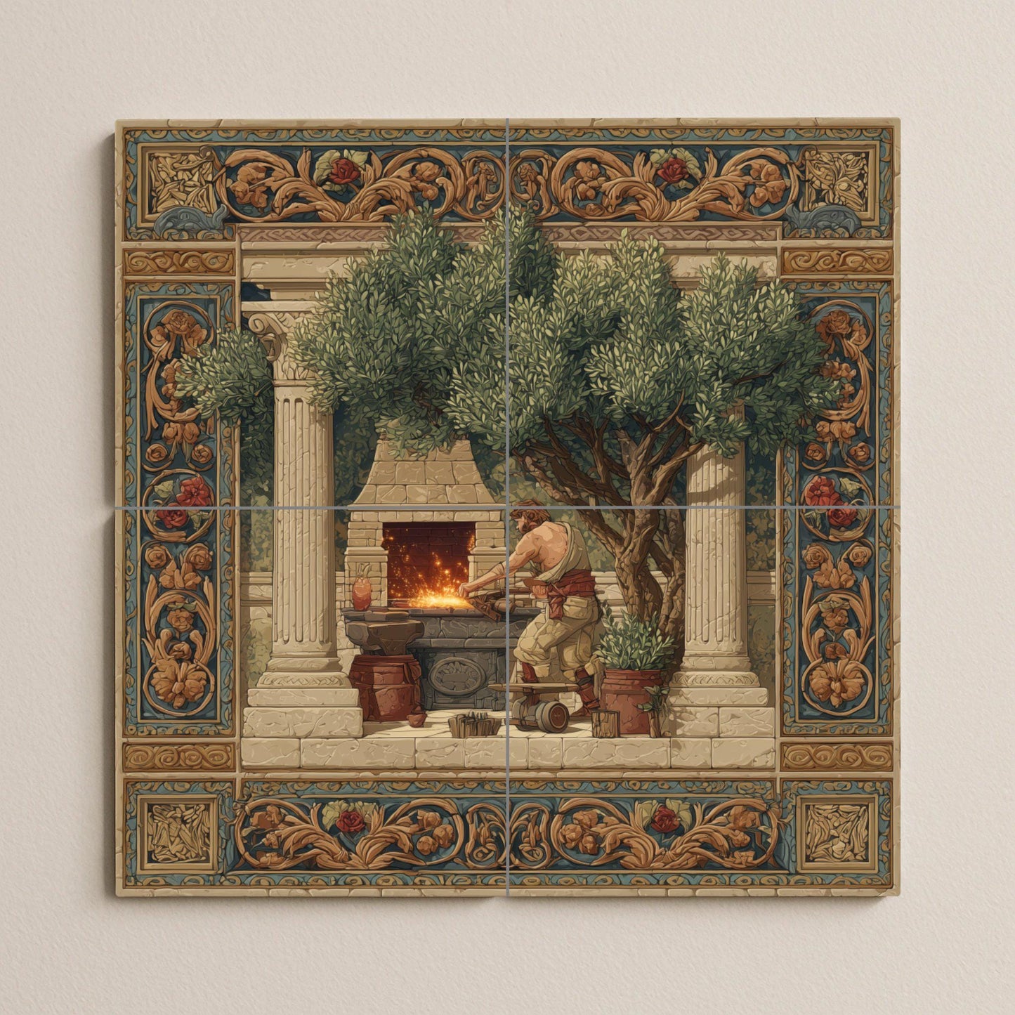 Hephaestus tile mural / Greek mythology wall art / Forging and craftsmanship scene / Mediterranean ceramic decoration / Greek artisan accent