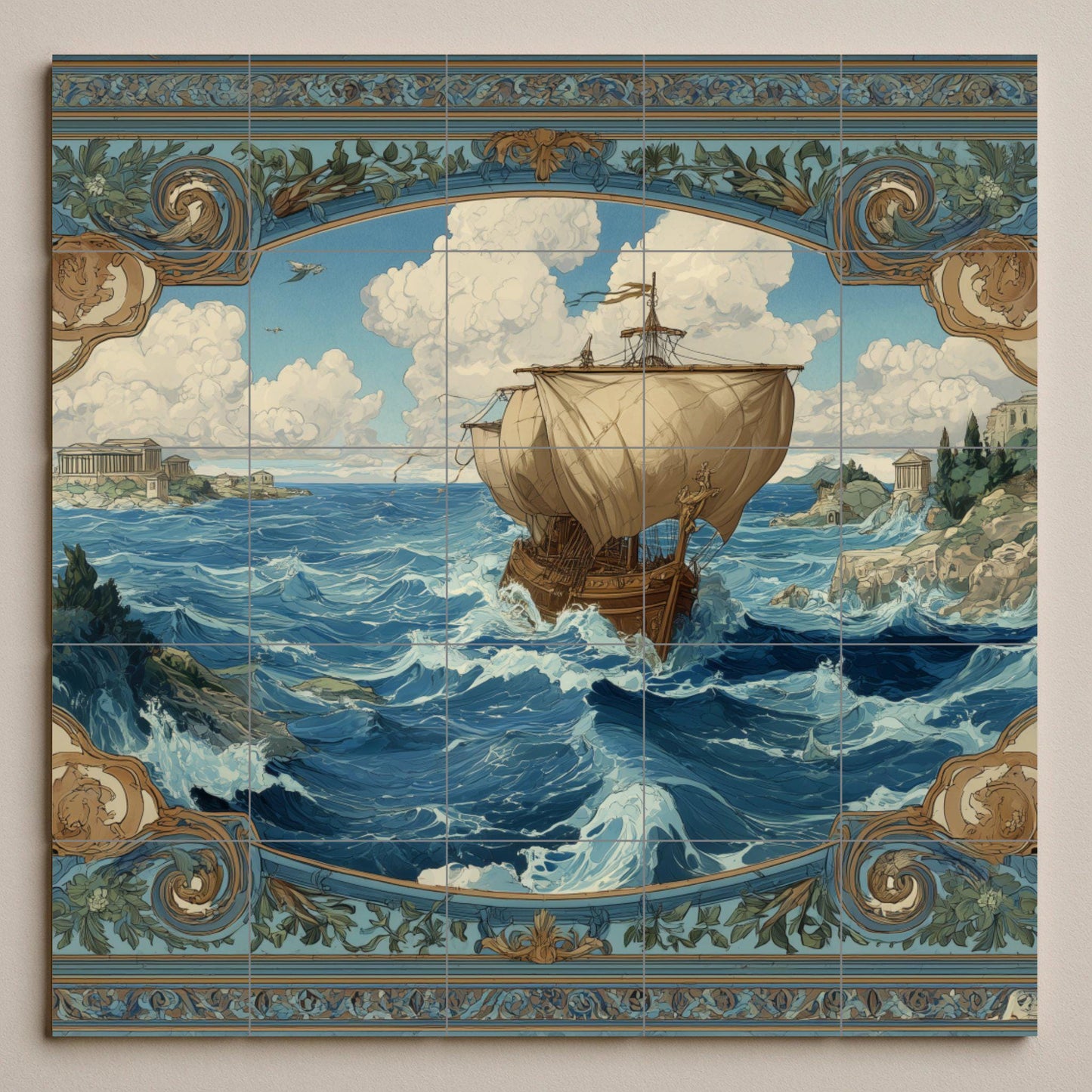 Odyssey tile mural / Greek ship and stormy seas / Nautical wall art / Mediterranean decor / Handcrafted ceramic accent / Mythological scene