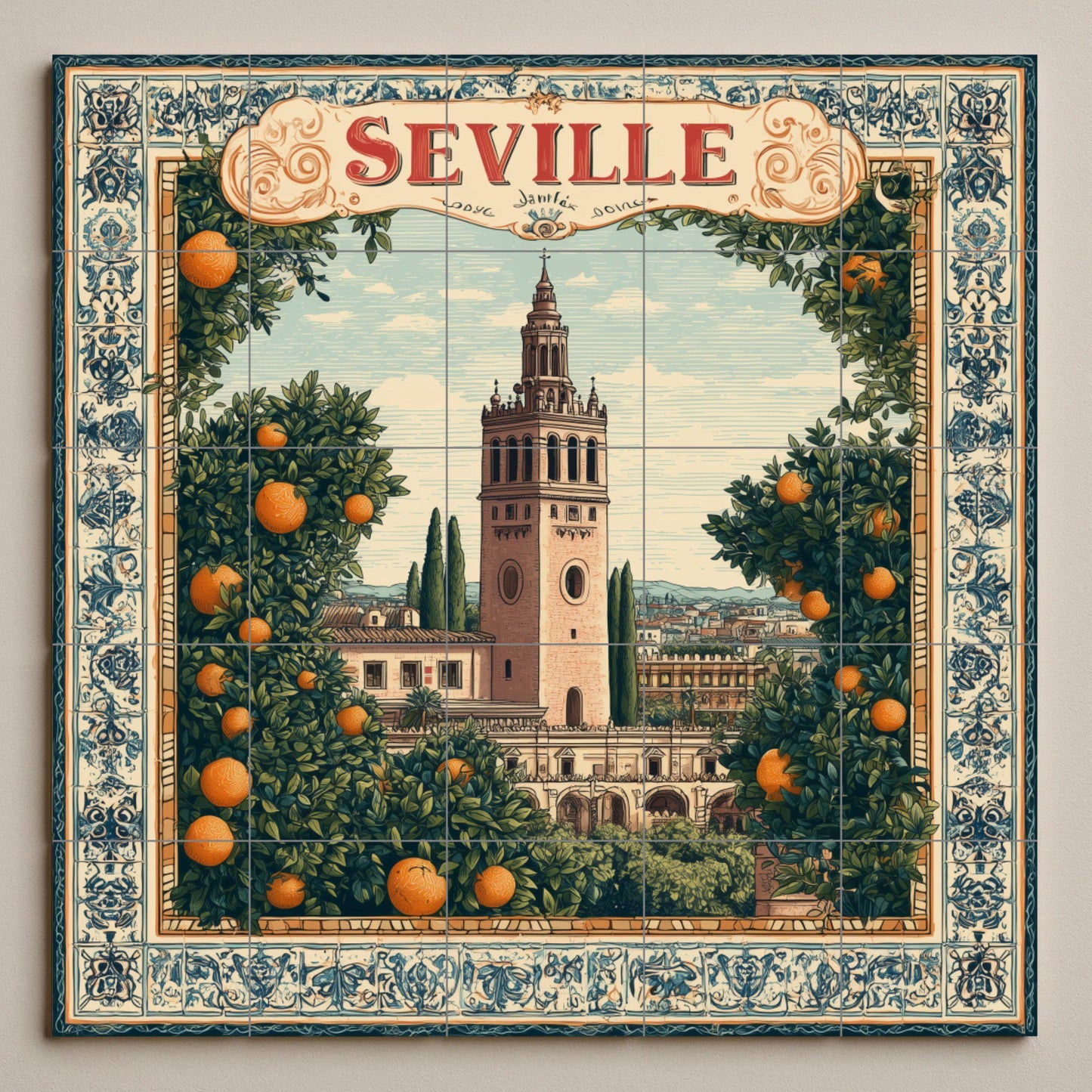 Seville tile mural / Giralda and orange trees / Spanish mural art / Mediterranean ceramic decoration / Handcrafted Spanish accent