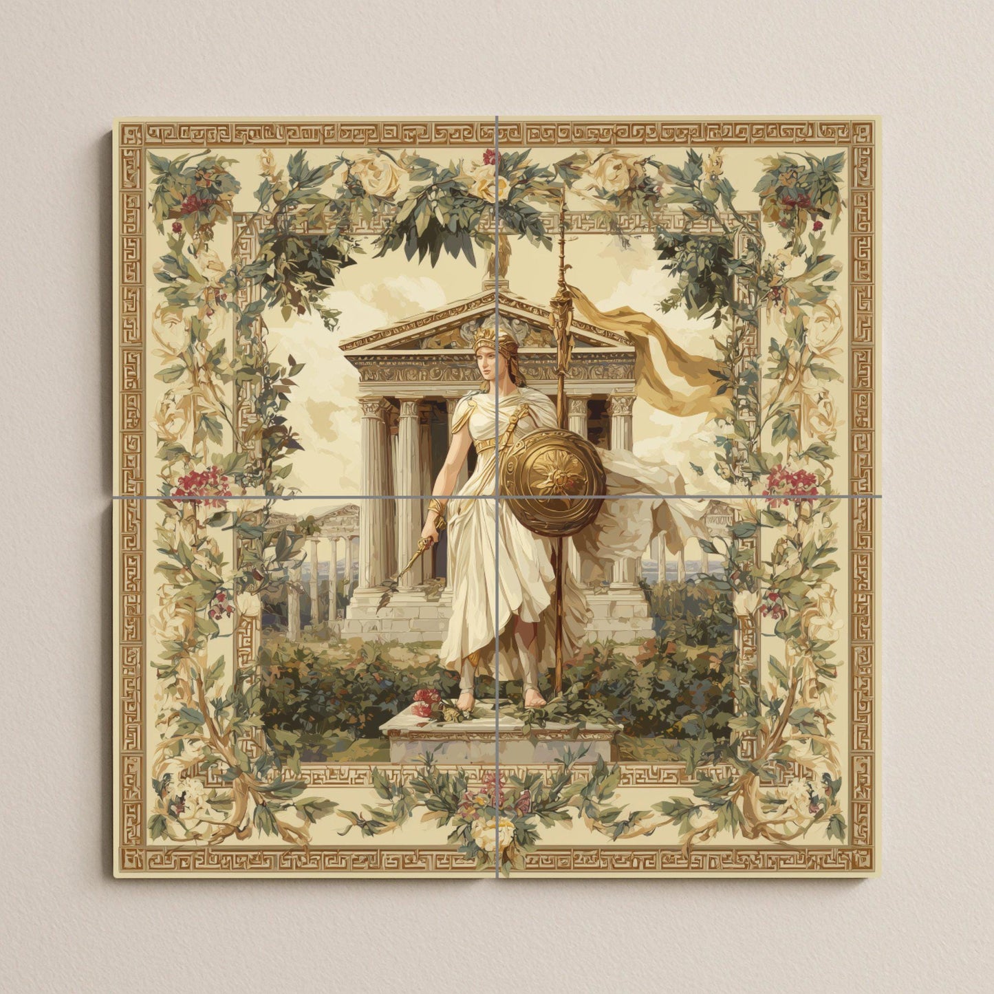 Athena tile mural / Greek goddess wall art / Classical Greek decor / Mediterranean ceramic tiles / Mythology and architecture