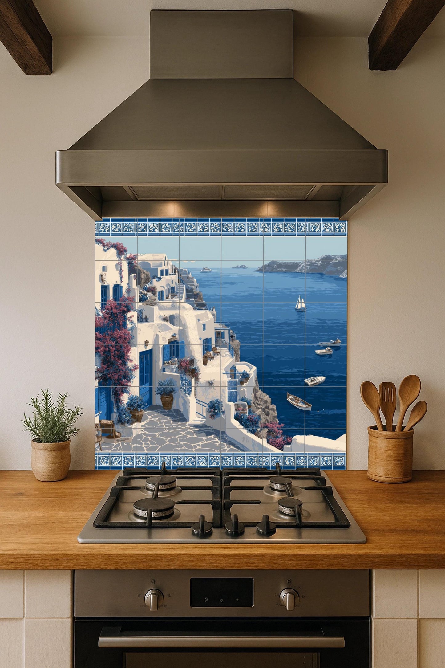 Santorini coastal mural / Greek island mural art / Mediterranean decor / Ceramic tiles with a sea view / Coastal decor / Handmade tile art