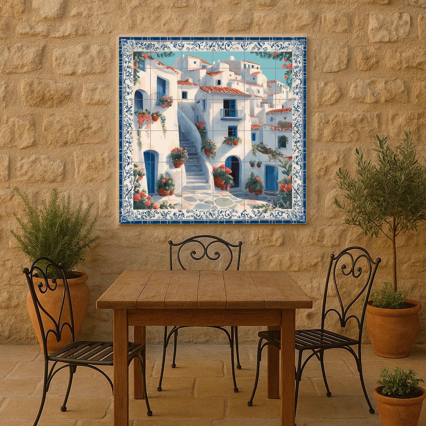 Greek village staircase tile mural, Mediterranean blue door scene, cottage style kitchen panel, summer island style ceramic wall accent