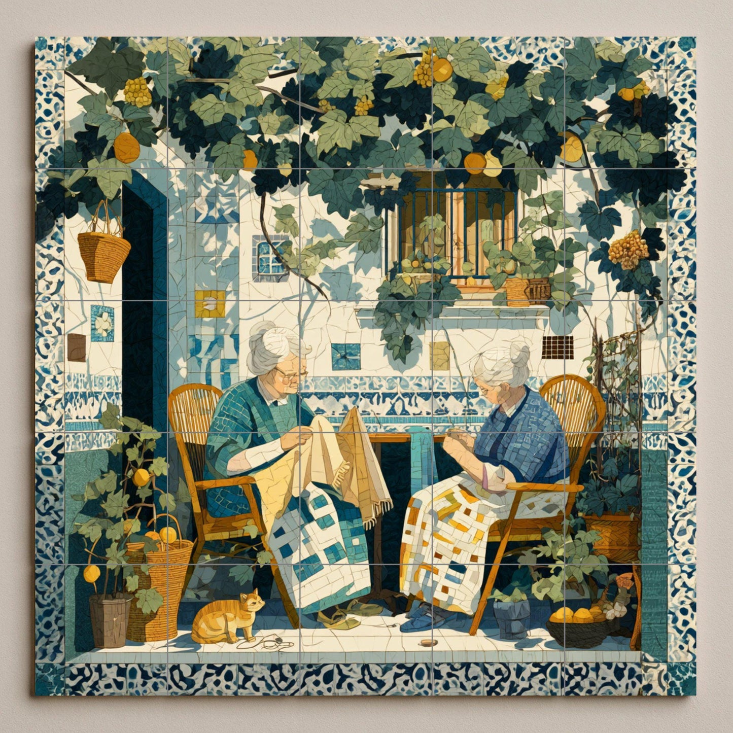 Sicilian patio tile mural: Mediterranean mosaic with women sewing under vines for kitchen, garden or rustic interior decoration.