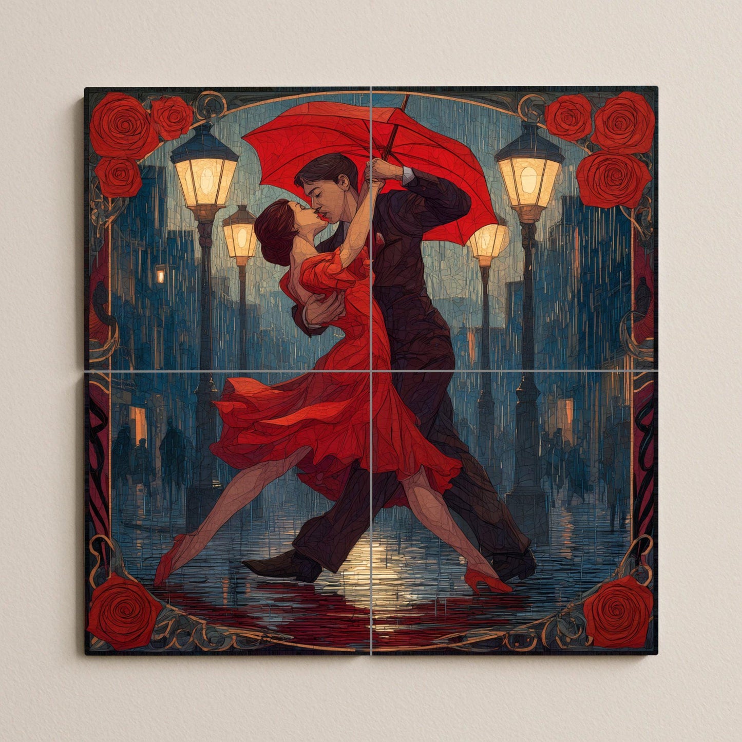 Tango Under the Rain Tile Mural: Argentine dance wall mosaic with passion for Buenos Aires for decorating the kitchen, gallery or romantic entrance.