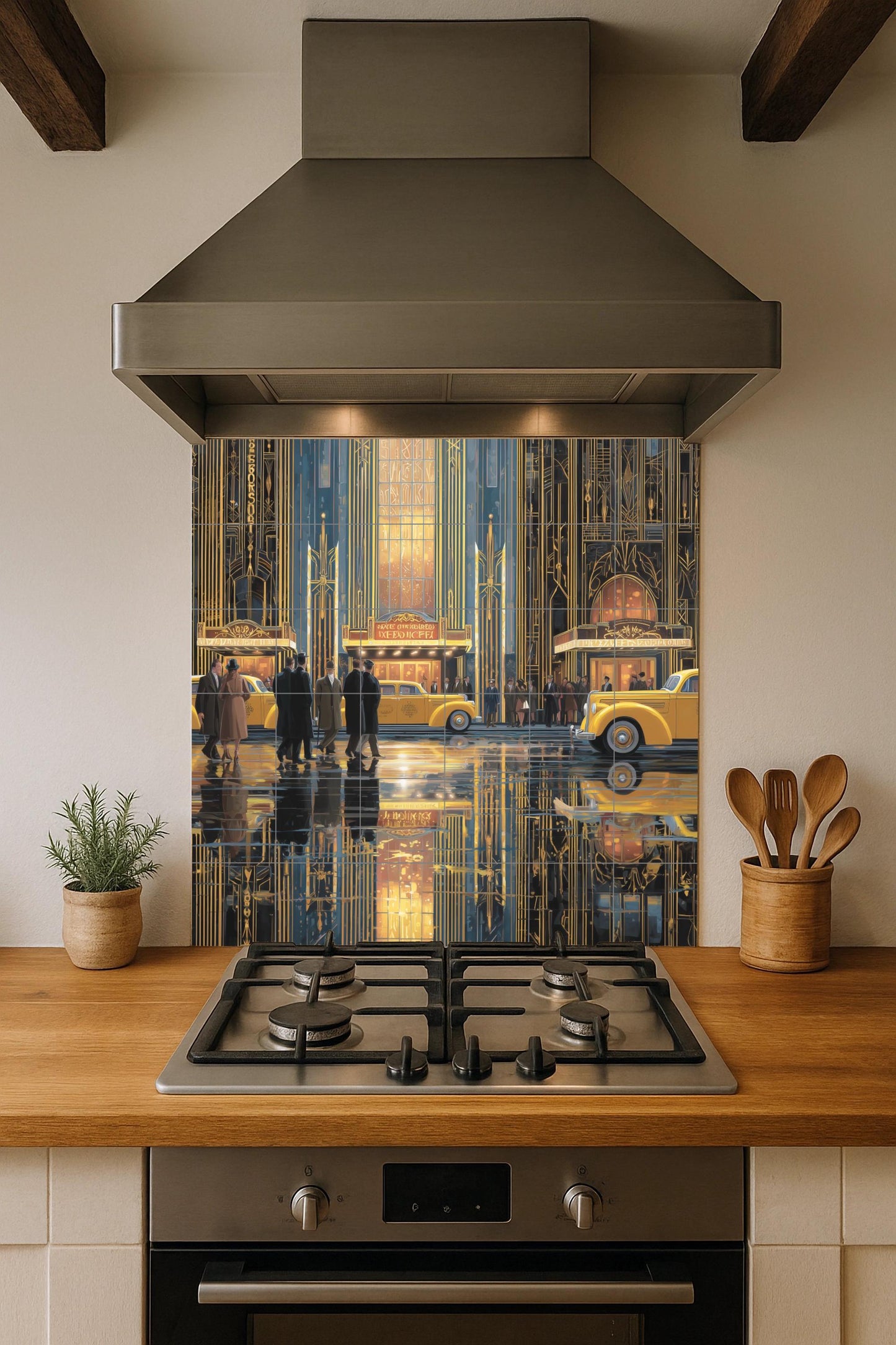 New York Art Deco Tile Mural: Golden Age cityscape mosaic with theater lights and yellow taxis for kitchen backsplash and vintage hallway decor.