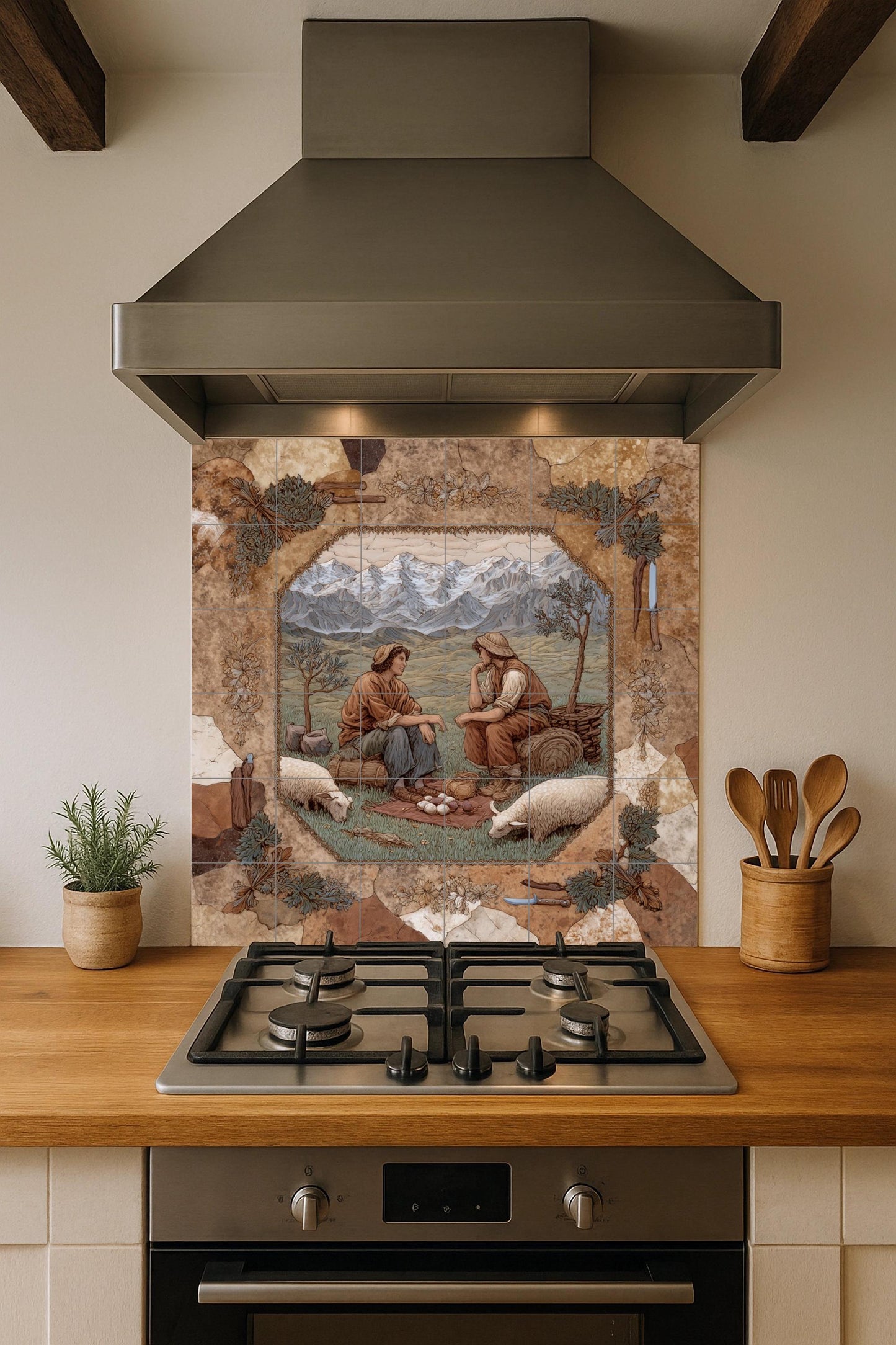 Alpine shepherd tile mural: ceramic wall mosaic with mountain scene for rustic kitchen backsplash or country entrance decor.