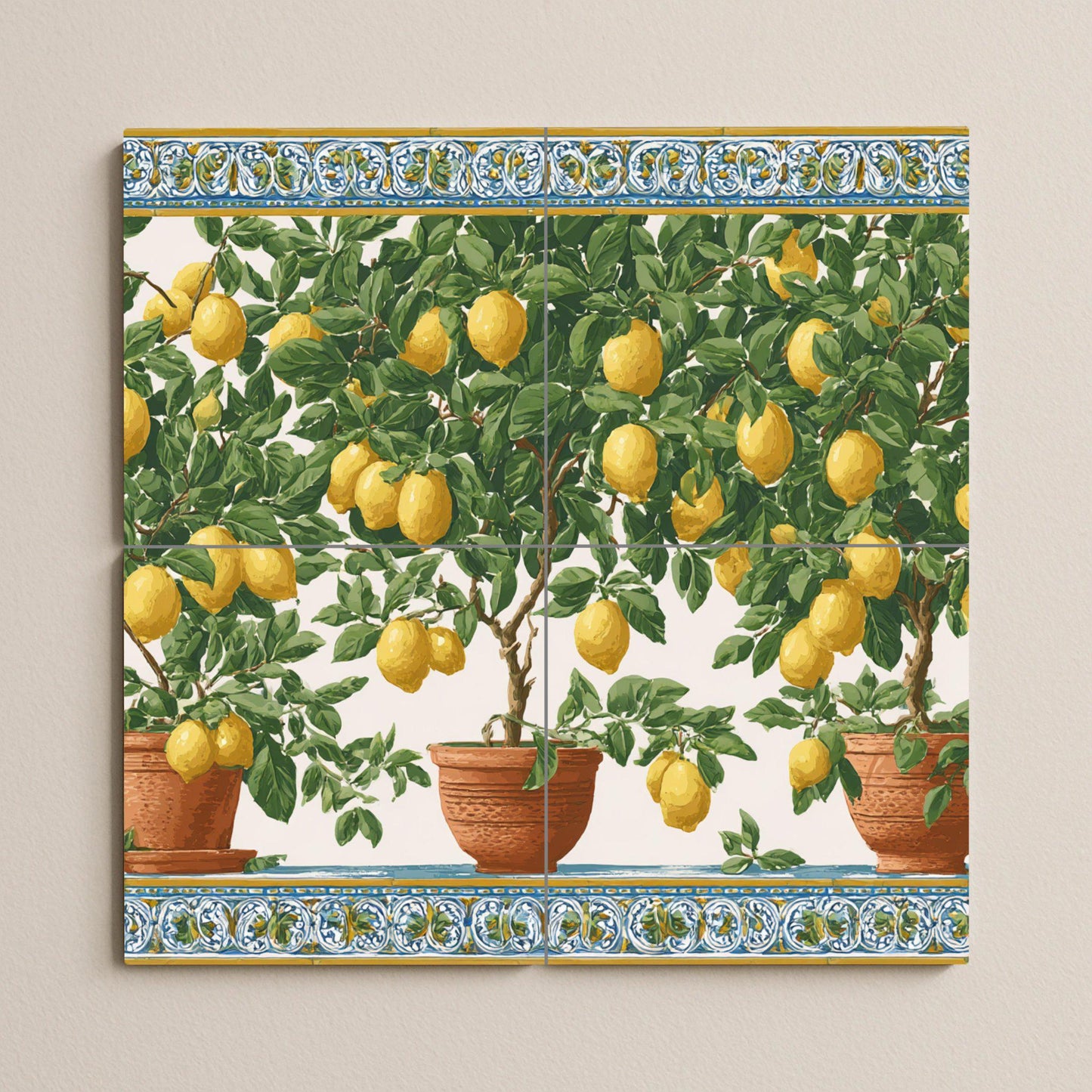 Lemon tree tile mural / Mediterranean wall art / Handmade ceramic decor / Terracotta pots and fresh lemons / Vibrant Mediterranean