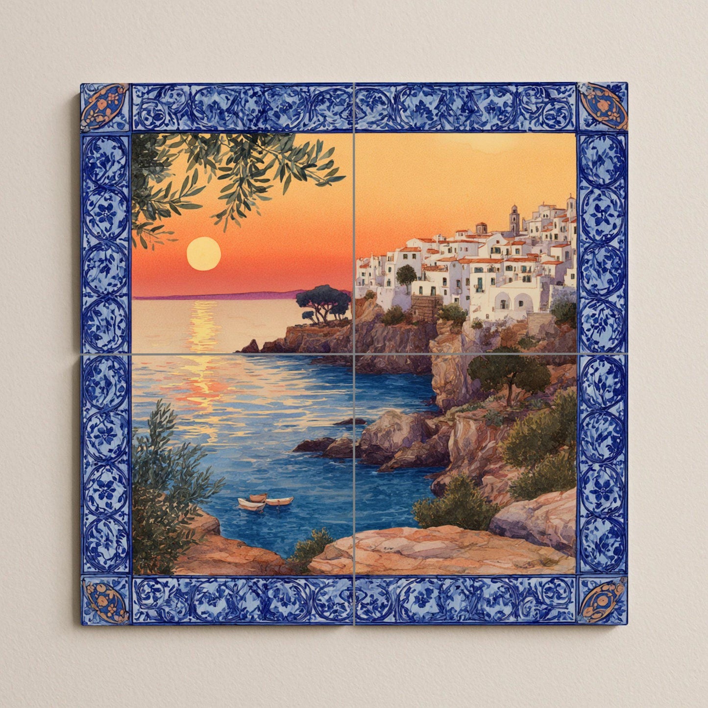 "Mediterranean Sunset" tile mural / Coastal village scene / Handmade ceramic decoration / Blue ceramic borders / Vibrant Mediterranean sunset