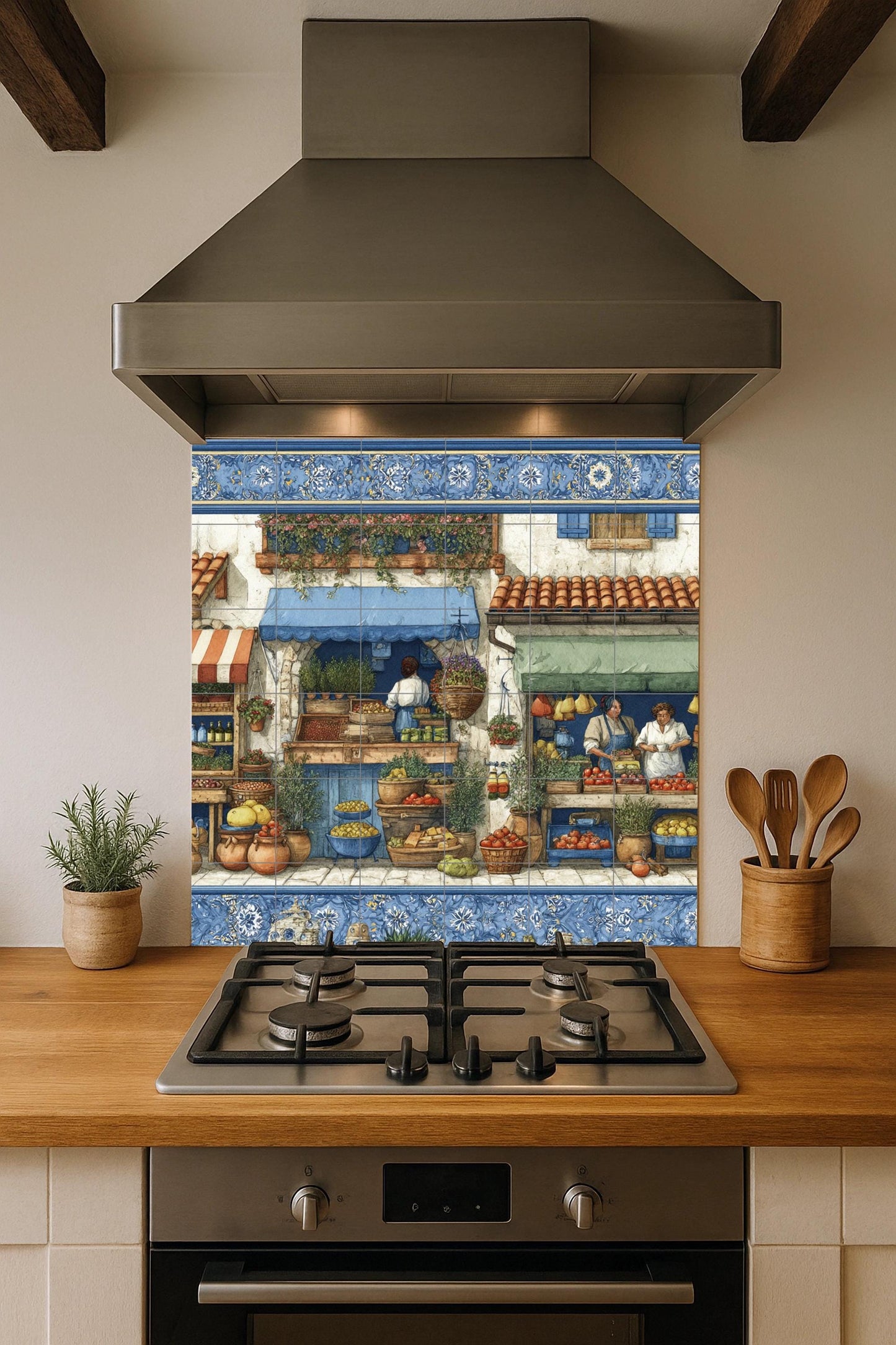 Mediterranean market tile mural / Spanish village scene / Handmade ceramic decoration / Fresh produce and herbs / Rustic Mediterranean accent