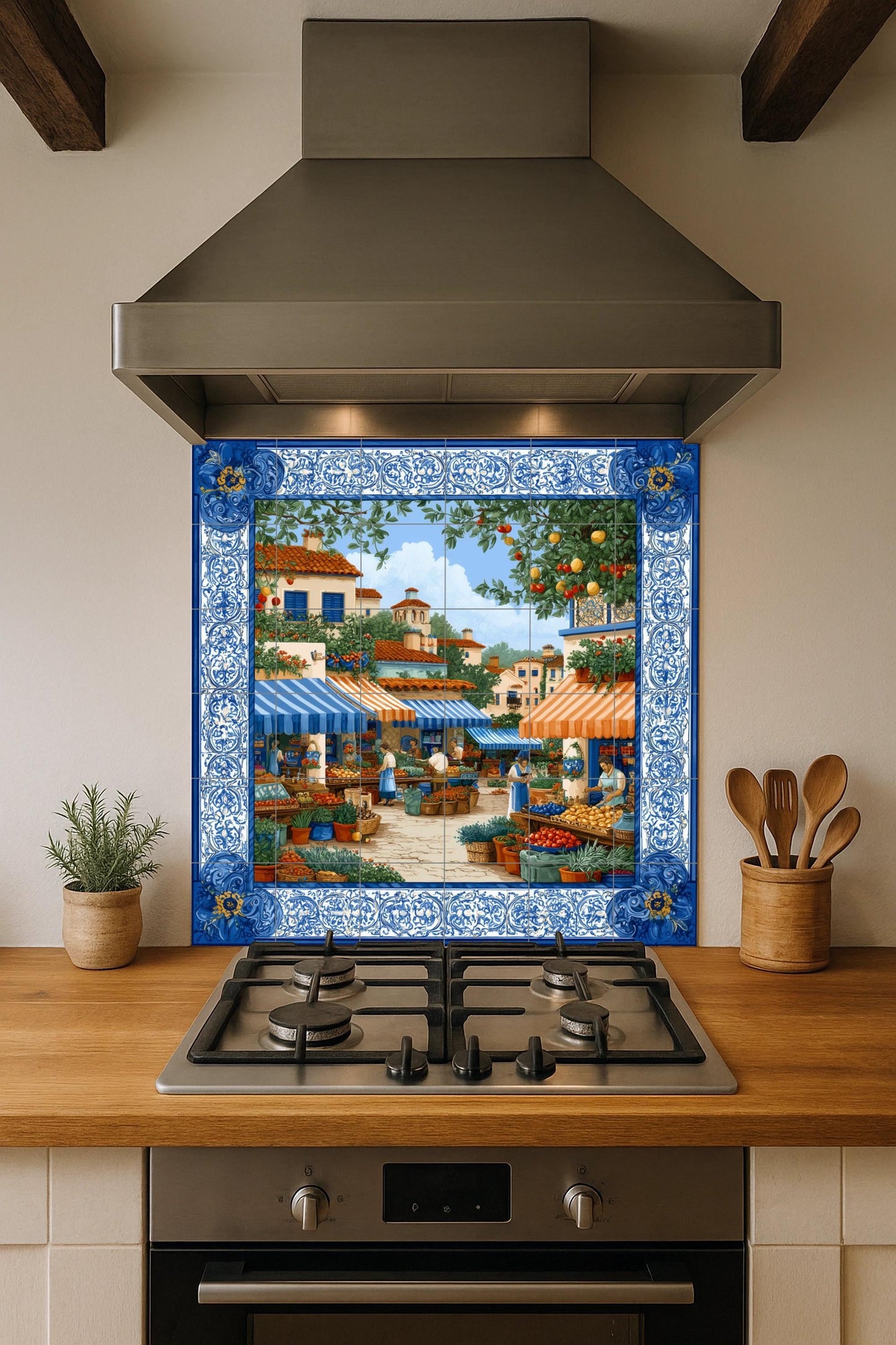 Mediterranean market tile mural / Spanish village scene / Handmade ceramic decoration / Colorful market stalls / Rustic Mediterranean accent
