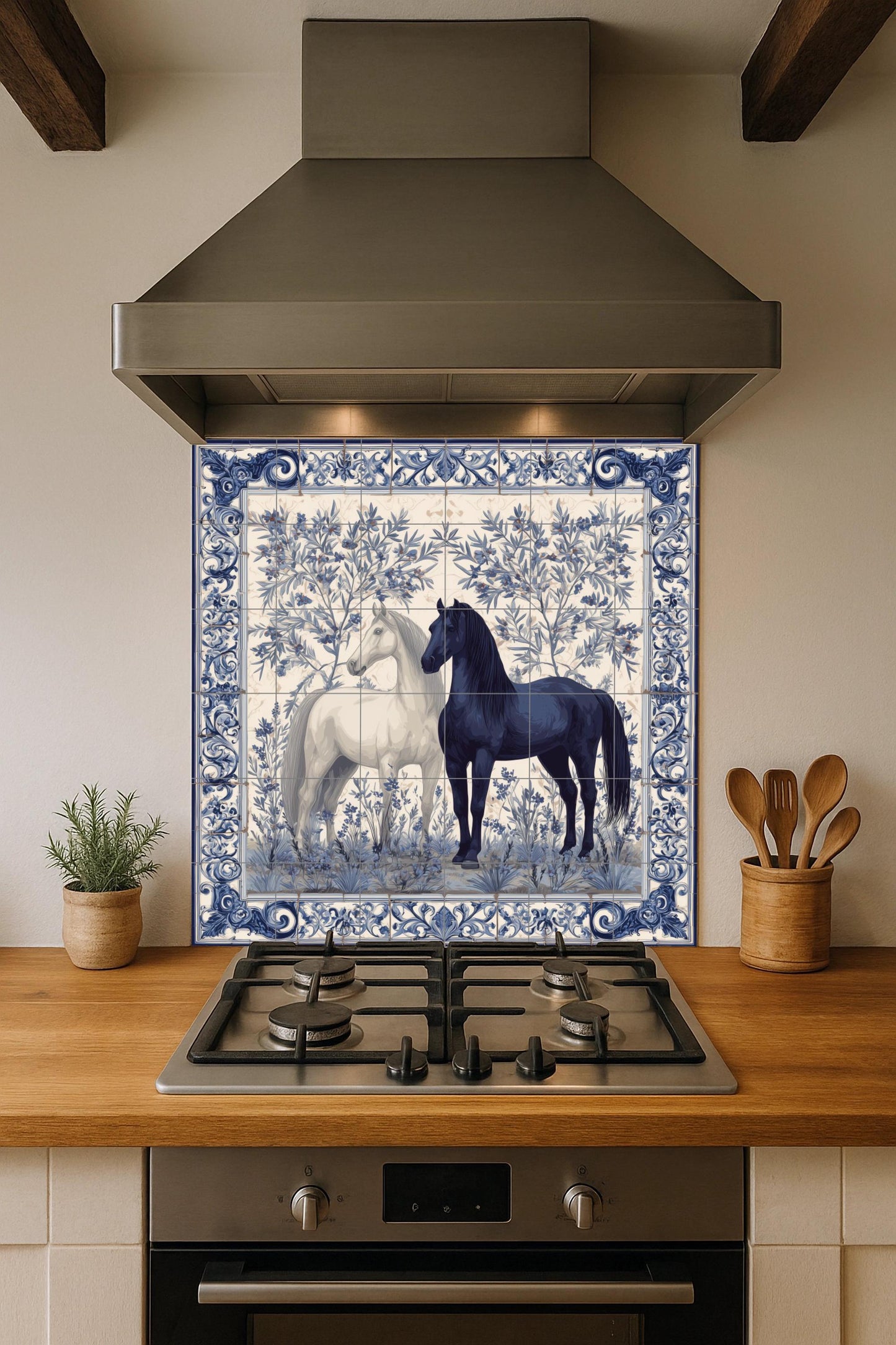 Equestrian tile mural / Black and white horses with floral motifs / Mediterranean wall art / Handmade ceramics / Elegant decor