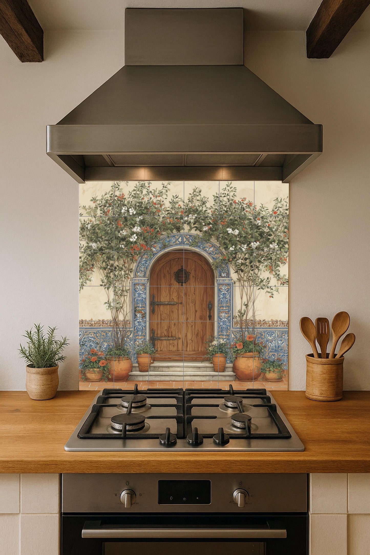Spanish tile mural for door / Mediterranean wall art / Rustic entrance with tile scene / Handmade ceramic decor / Spanish patio decor