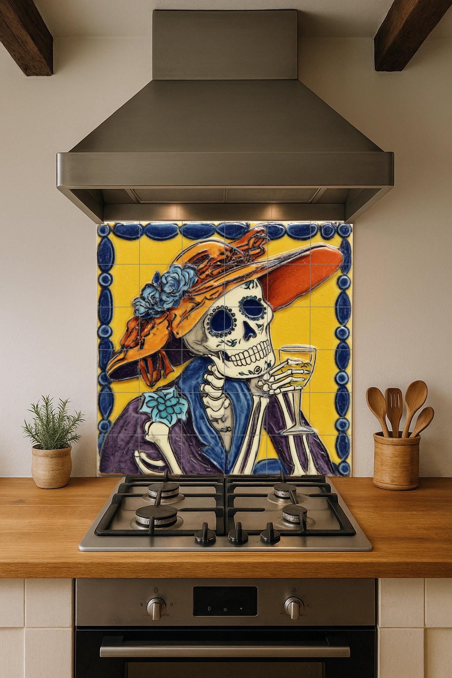 La Catrina Tile Mural / Mexican Day of the Dead Decor / Handmade Ceramic Art / Colorful Wall Accent / Vibrant Mexican Heritage