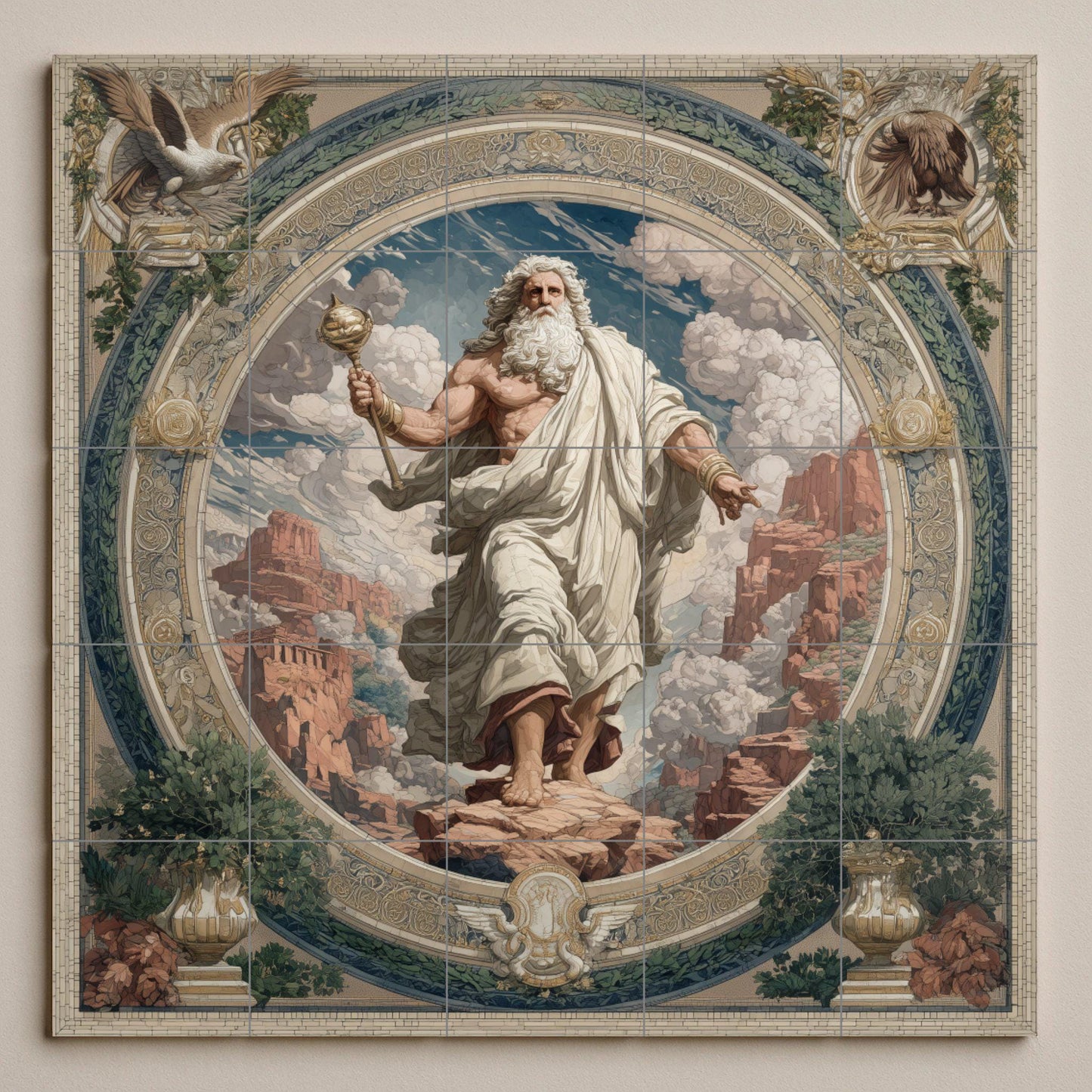 Zeus tile mural / Greek mythology wall art / Lightning and Olympus scene / Mediterranean artisan decor / Classical Greek accents