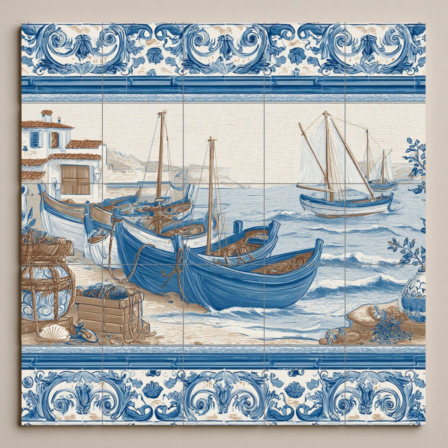 Tile mural with Mediterranean fishing boats / Coastal mural art / Blue ceramic tiles / Traditional coastal decor / Handmade nautical accent