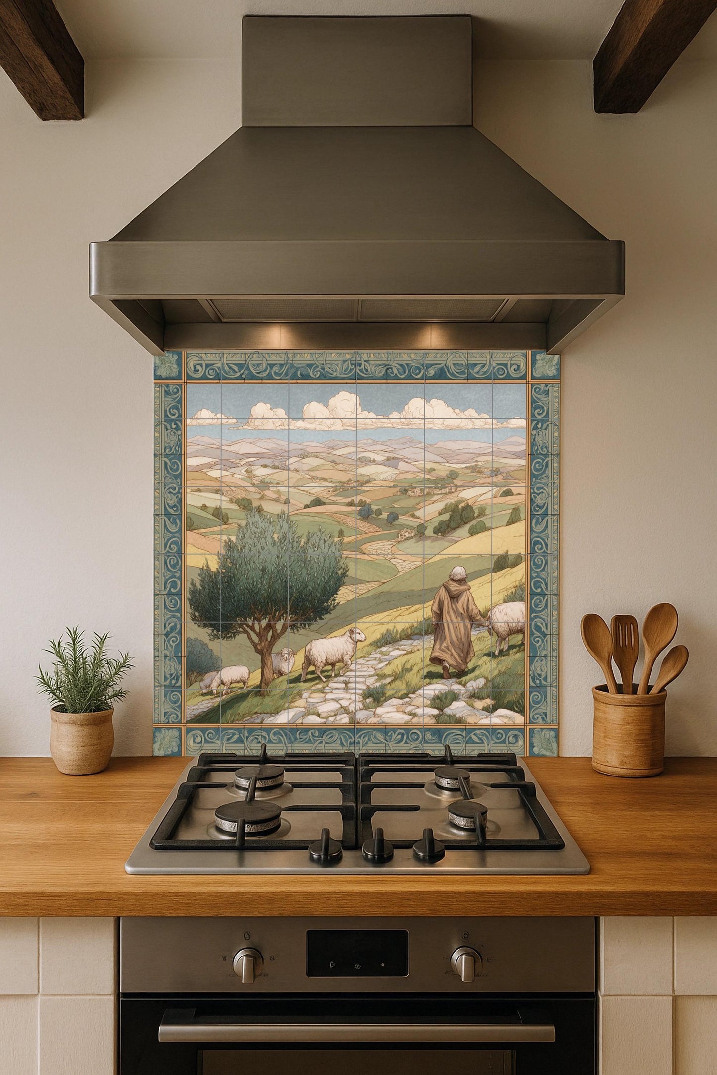 Shepherd tile mural / Pastoral landscape wall art / Mediterranean decor / Rolling hills and olive trees / Rustic ceramic tile accent