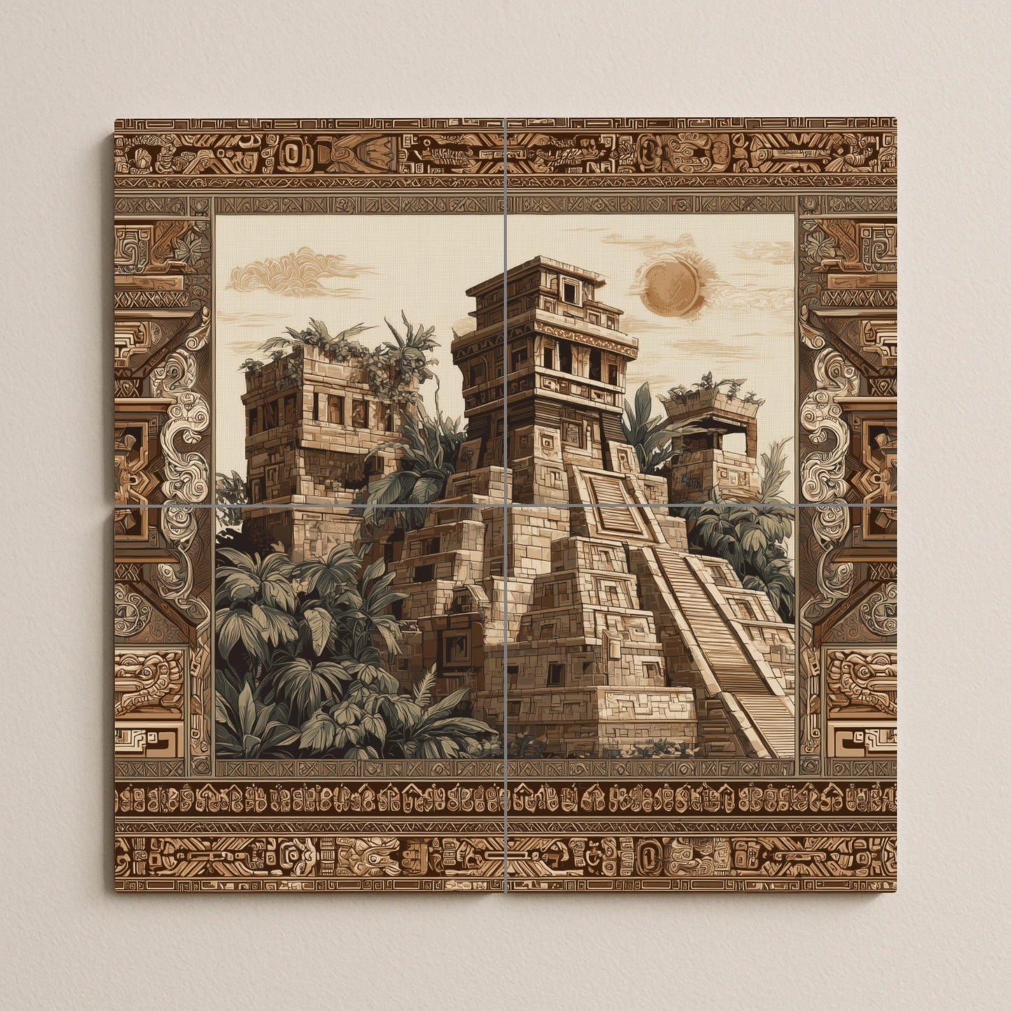 Ceramic mural of a Mayan temple – Tile panel of an ancient civilization – Jungle ruins scene – Wall decoration with cultural accent – Historical heritage decoration