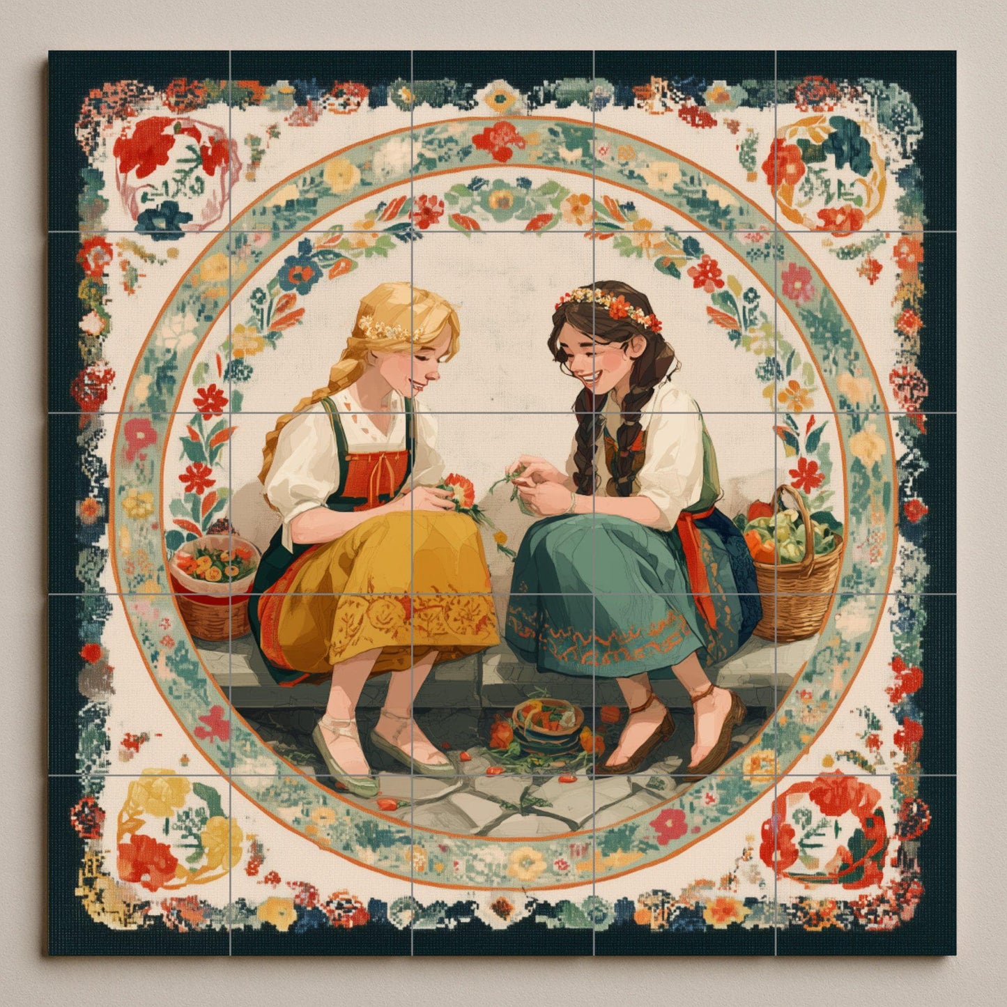 Two girls in traditional costumes with baskets – Storybook hut mural panel – Cultural culinary art – European folklore ceramic scene