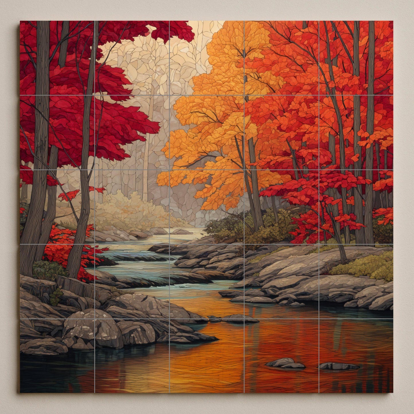 Autumn River Tile Mural: Ceramic mosaic with forest landscape and Canadian autumn colors for kitchen backsplash or rustic entrance.