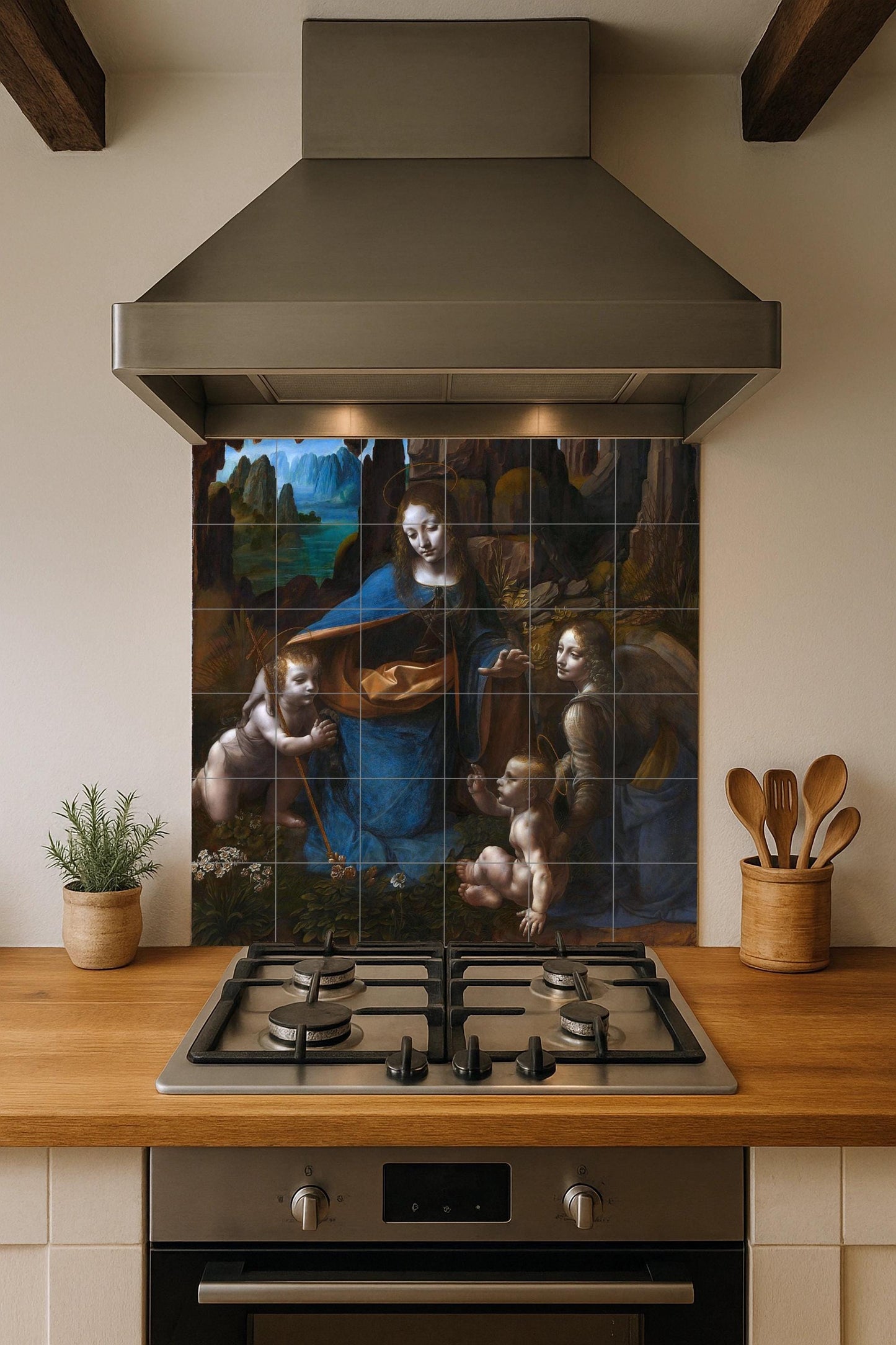 Virgin of the Rocks by Leonardo da Vinci: Renaissance ceramic mural, sacred art tile panel, classic devotional wall decoration