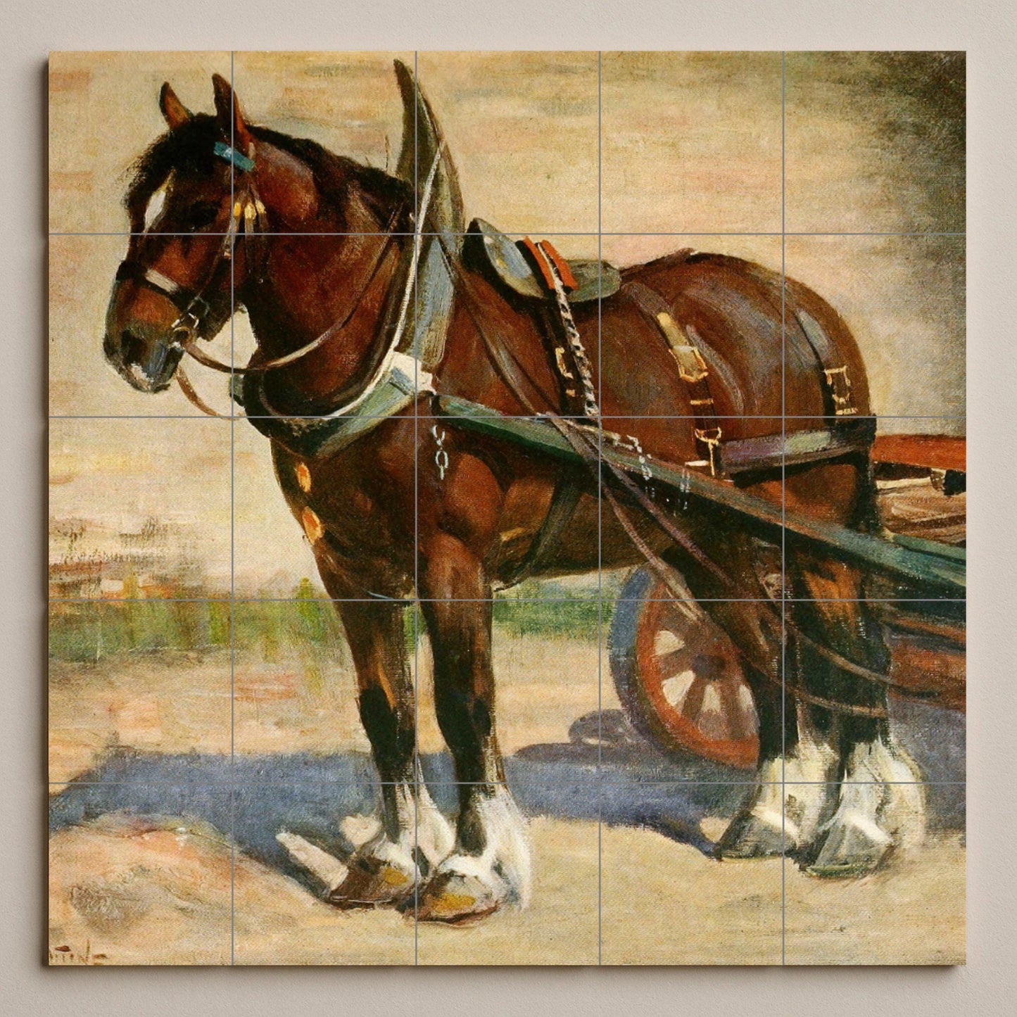 Draft Horse Tile Mural – Rustic Farm Animal Ceramic Panel – Vintage Equestrian Wall Art – Country Decor with Working Horse and Cart