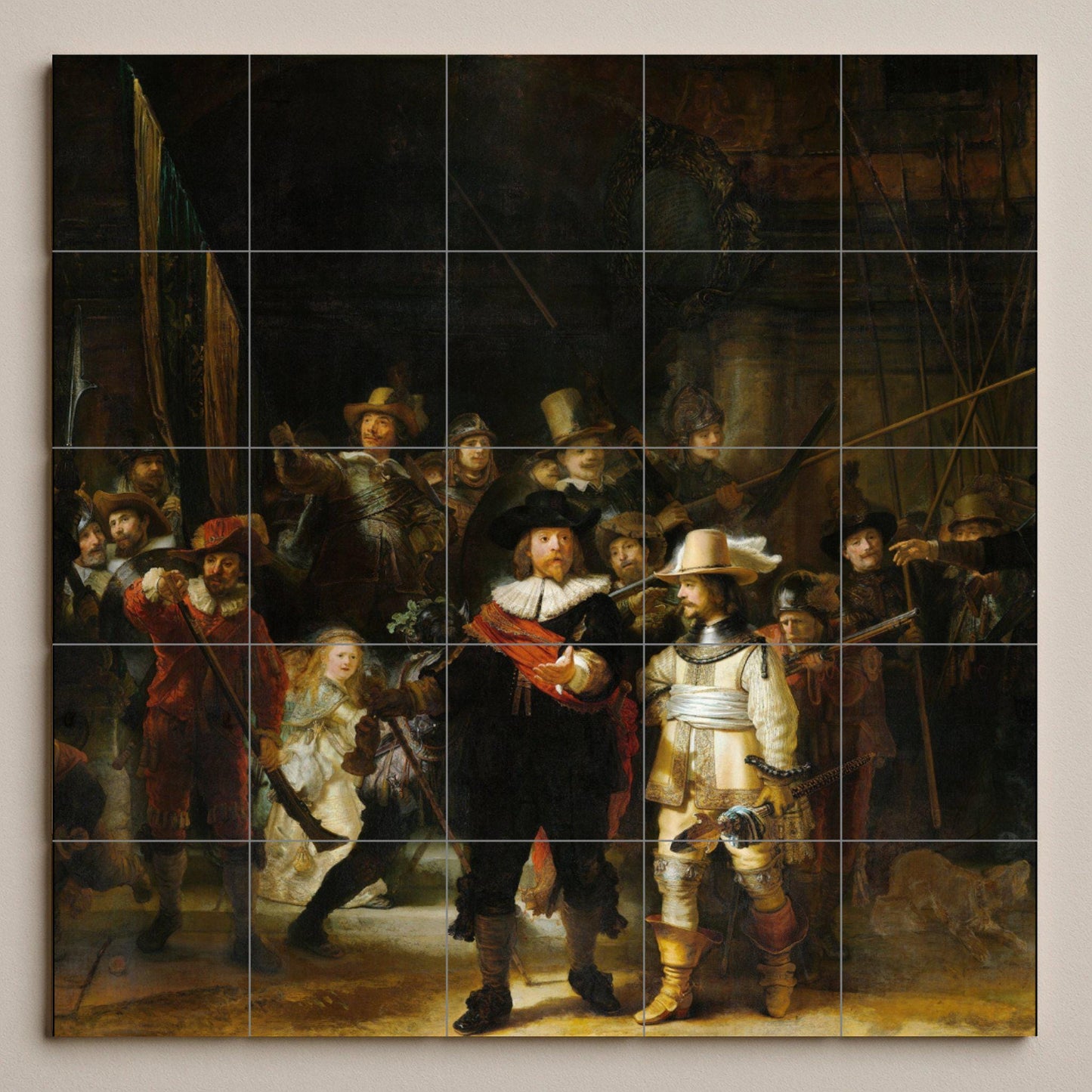 The Night Watch tile mural: ceramic panel, masterpiece by Rembrandt, Dutch Golden Age art, historic baroque decoration for elegant homes.