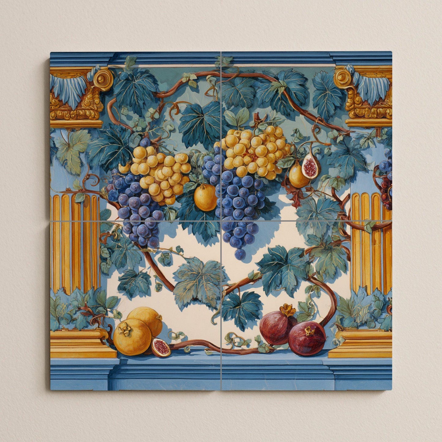 Tile mural with fruit garland: Classic blue and gold ceramic panel featuring grapes, figs, and pomegranates. Roman-inspired wall art for elegant spaces.