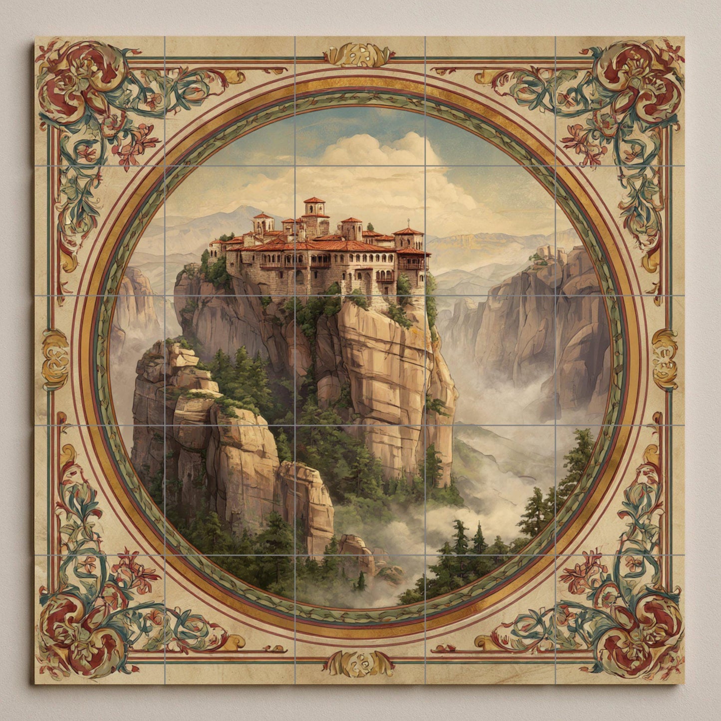 Tile mural from Meteora, Greece. Ceramic panel of a monastery on the cliffs. Mural art with a Byzantine landscape. Decoration of sacred journeys with an ornate frame.