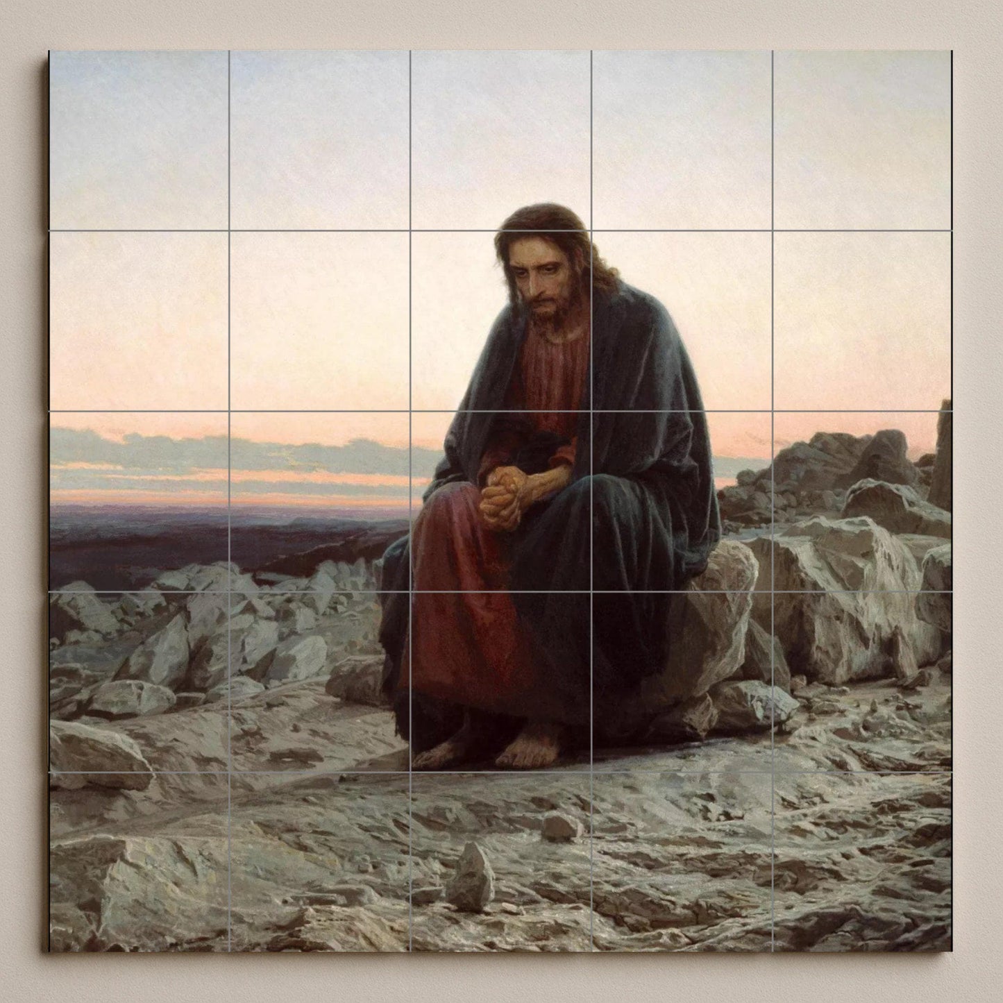 Tile mural of Jesus in the desert – Christ contemplation panel – Sacred Lenten ceramics – Spiritual landscape mural art for spaces of reflection