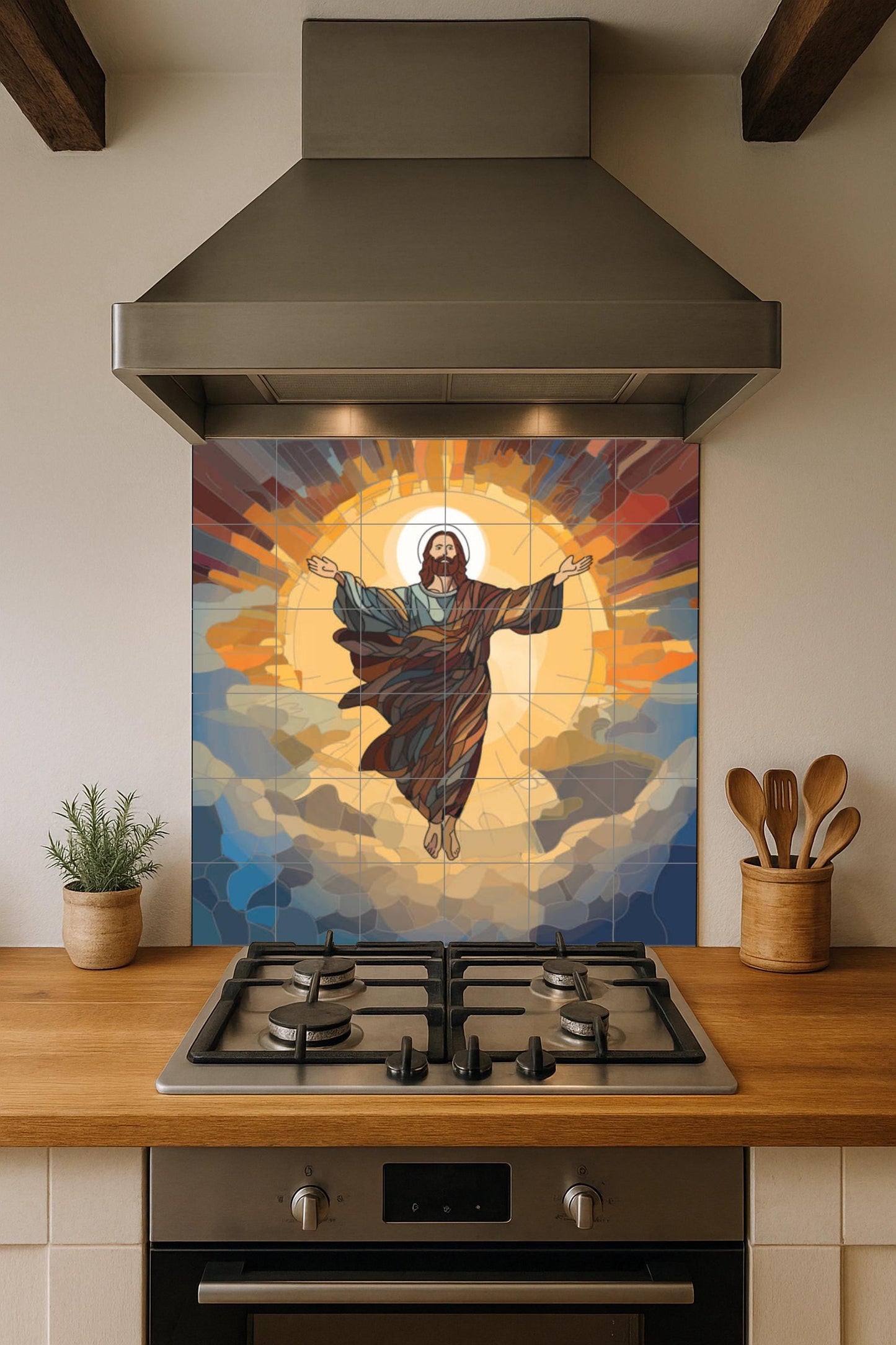 Christ Resurrected Tile Mural – Modern Sacred Ceramic Panel – Radiant Ascension Artwork – Christian Wall Art for Contemporary Interiors