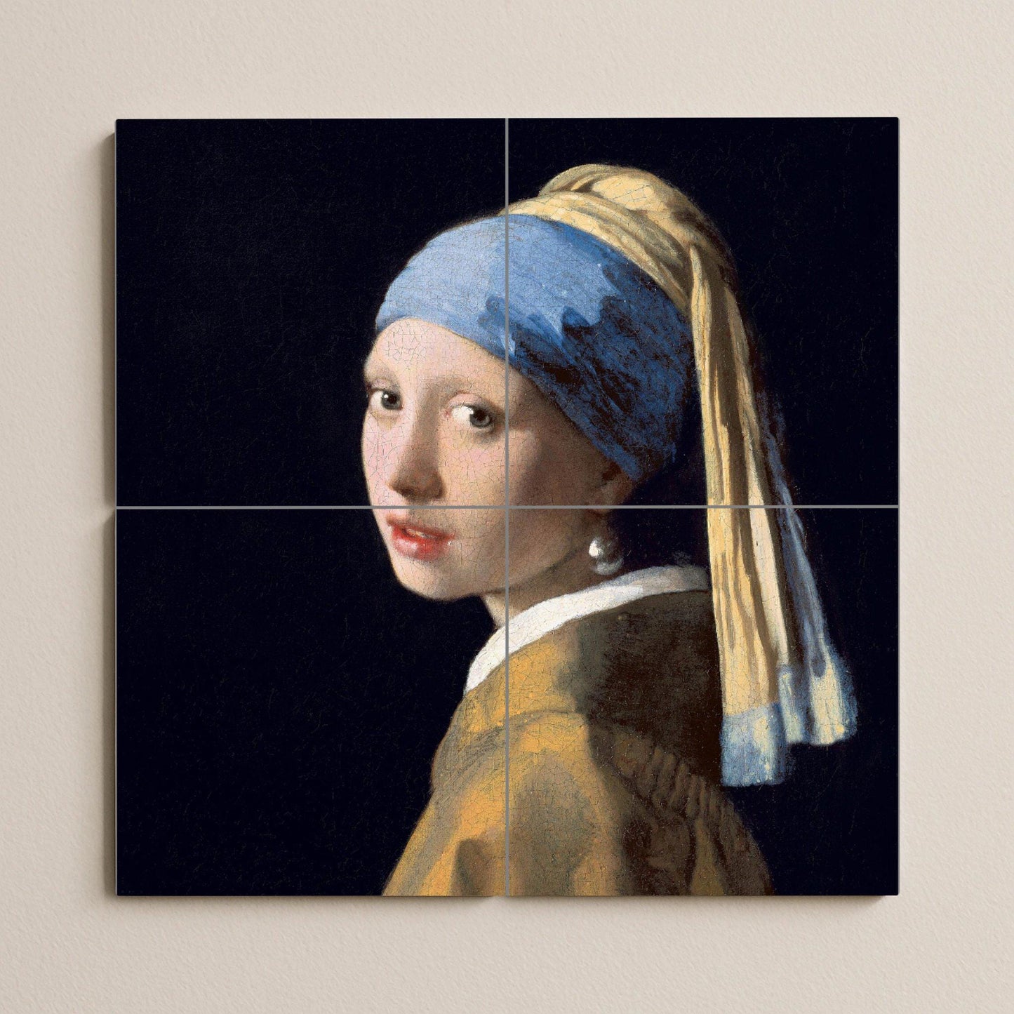 Tile mural of The Girl with a Pearl Earring – Panel of Vermeer's masterpiece – Baroque portrait on ceramic – Classic Dutch art for elegant interiors