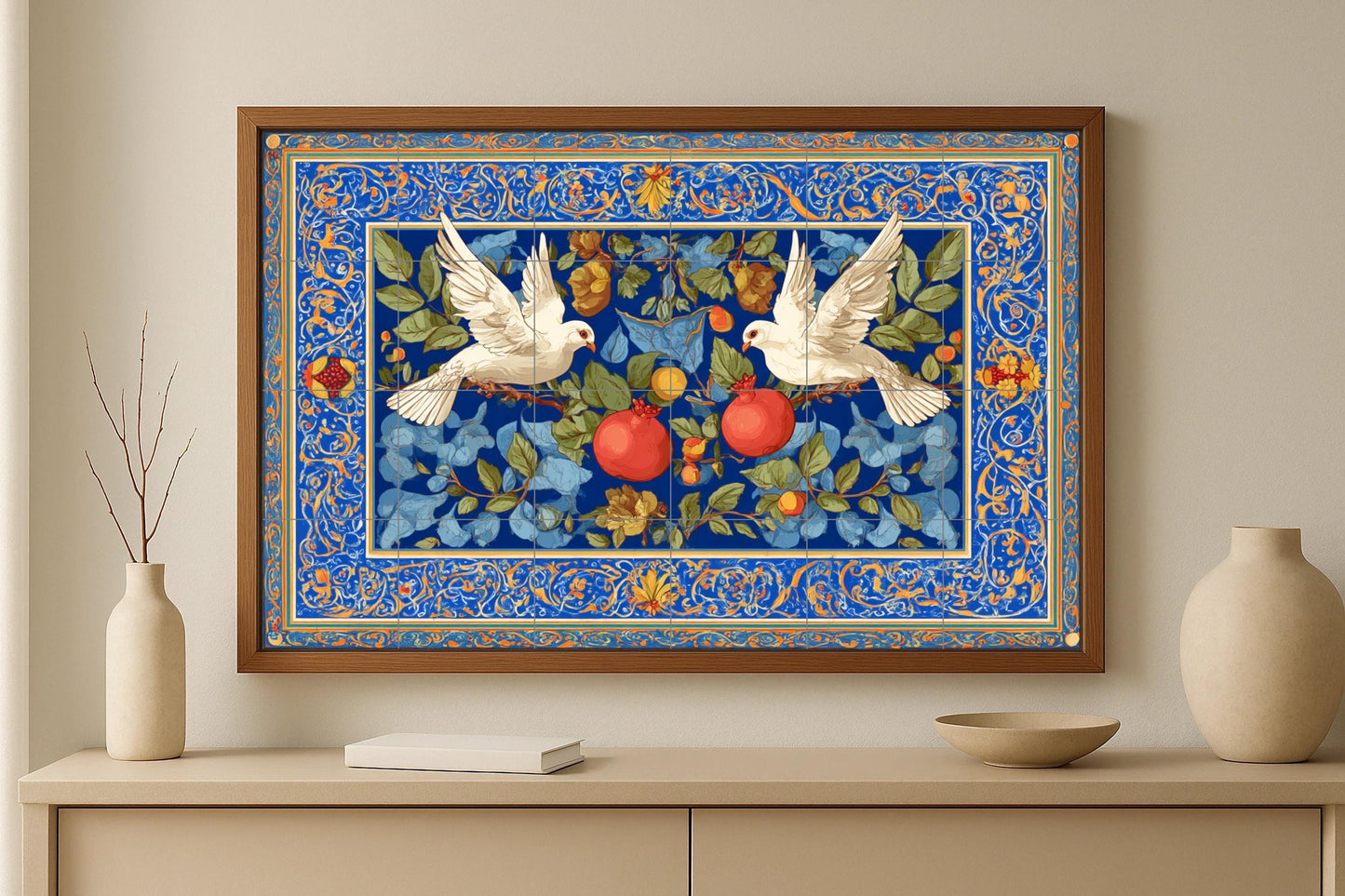 Beautiful wall tile • Decorative wall art with doves • Pomegranate floral panel • Elegant ceramic centerpiece • Ornamental harmony decor