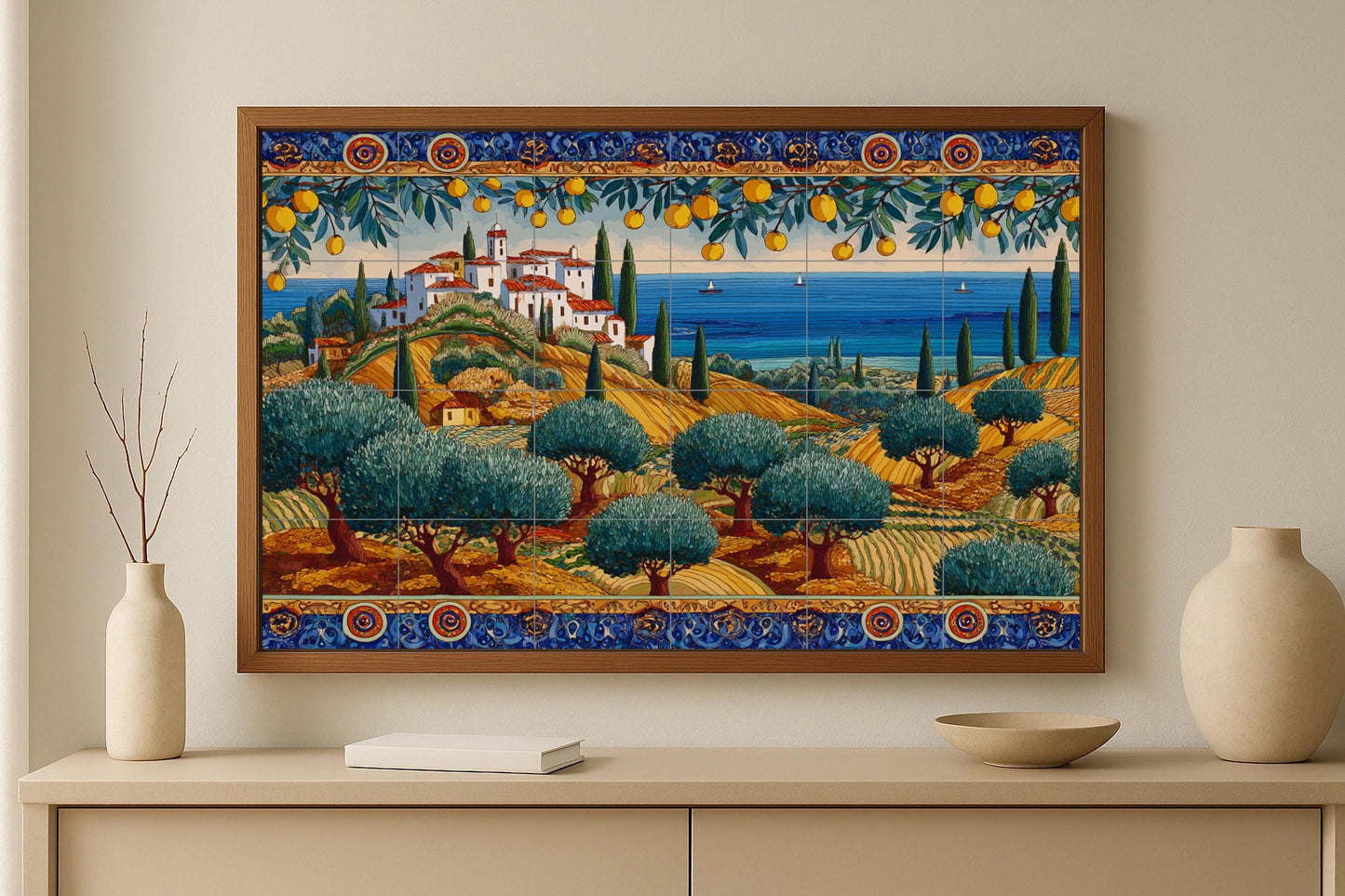 Altea Mural • Costa Blanca Tile Mural Art • Mediterranean Hillside Decoration • Spanish Lemon Tree Panel • White Village Ceramic Landscape