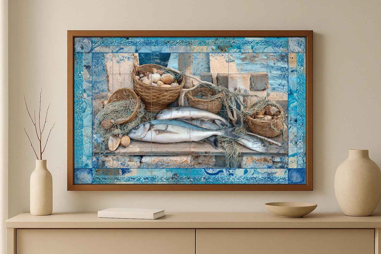 Aegean Fish Mural • Tile Wall Art with Greek Seafood Motifs • Rustic Dock Decor • Mediterranean Net Panel • Coastal Seafood Ceramics