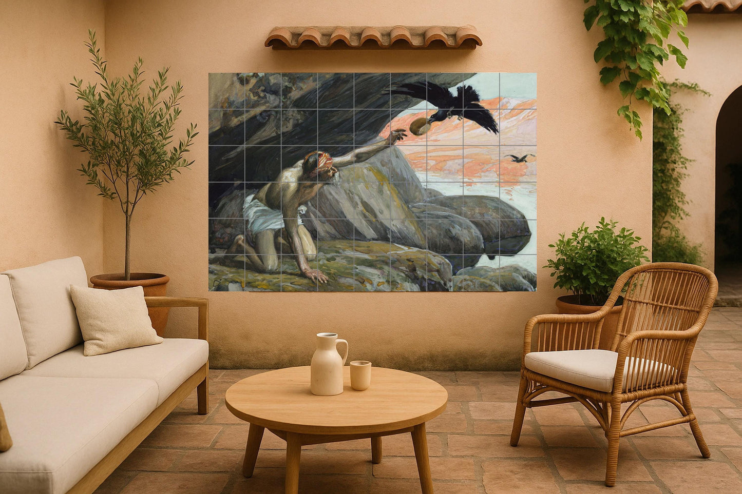 Elijah's Raven Mural • Desert Prophet Tile Mural Art • Biblical Survival Scene • Faith Pottery • Sacred Solitude Decor • Old Testament