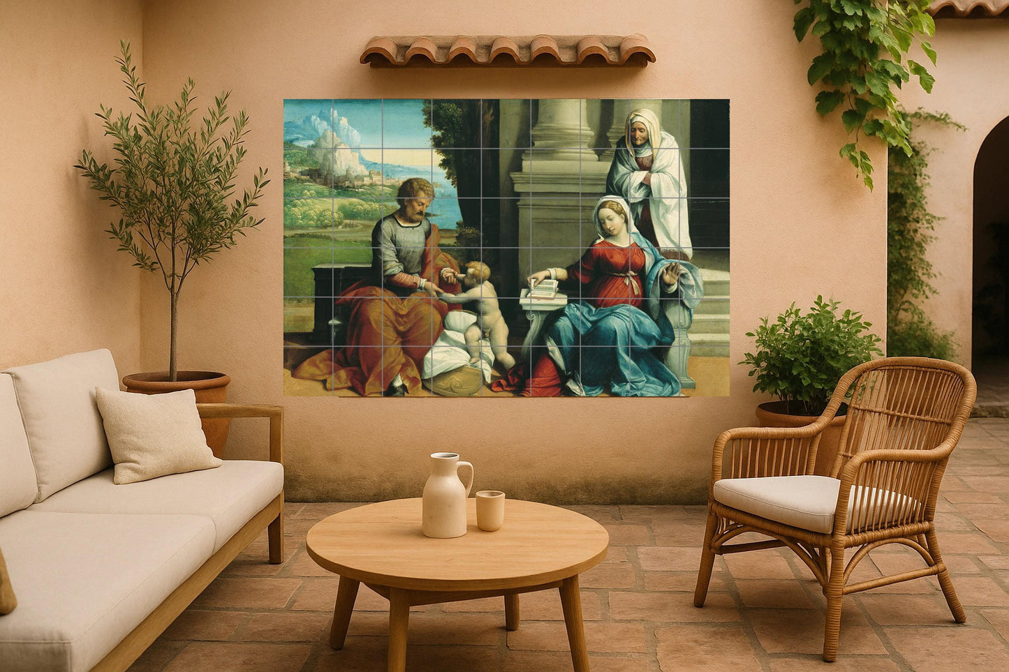 Holy Family Mural • Sacred Renaissance Tile Mural Art • Biblical Panel on Fatherhood • Devotional Christian Ceramics • Italian Faith Decoration