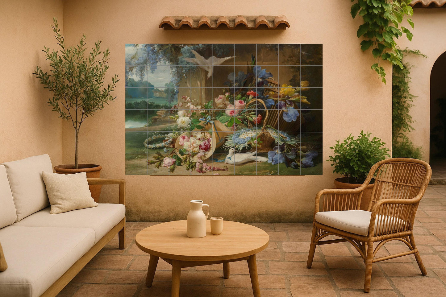 Still Life Flower Mural • European Basket Tile Wall Art • Baroque Floral Ceramic Panel • Realistic Garden Decoration • Museum Blooming Scene