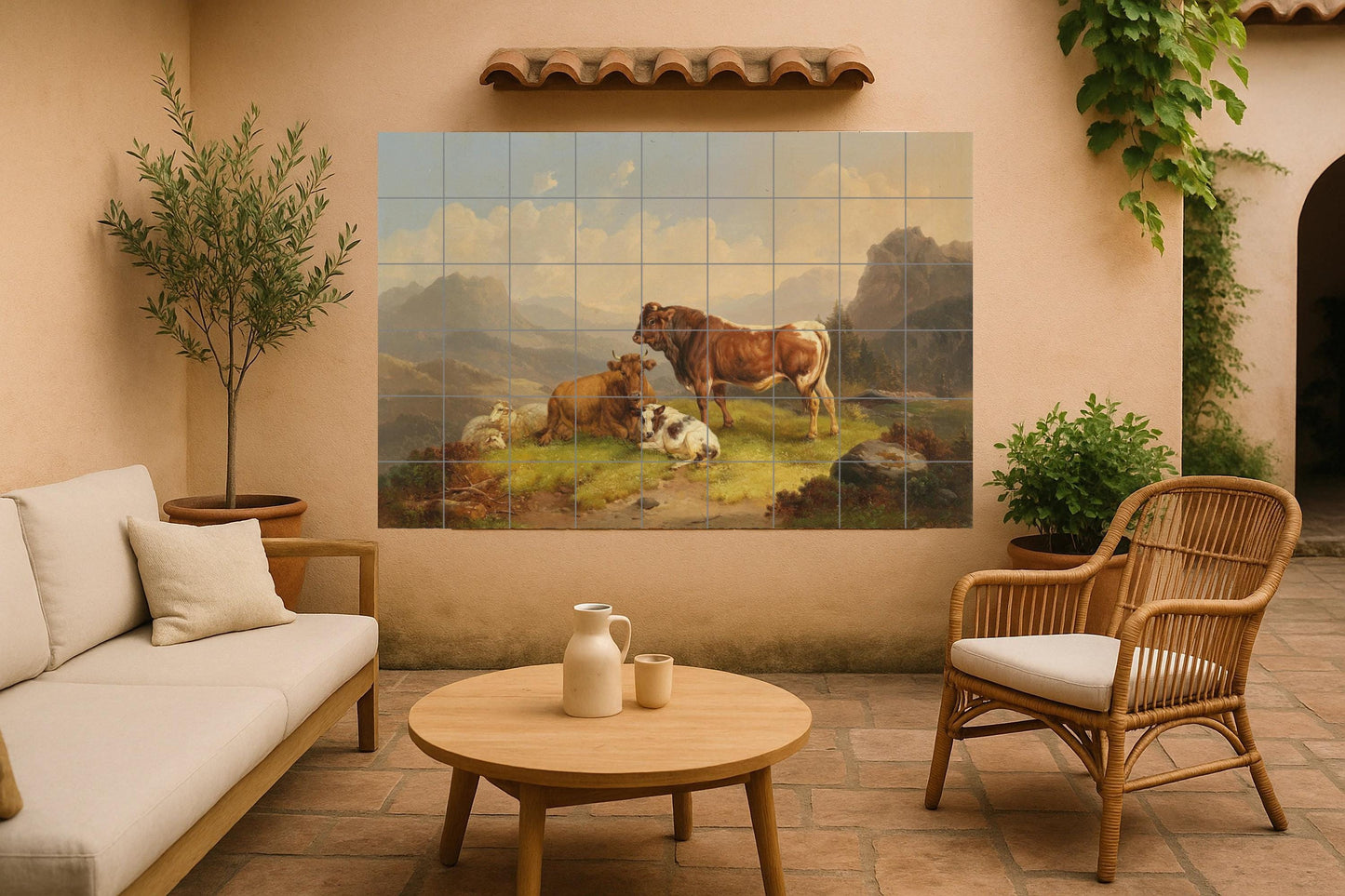 Alpine cow mural • Swiss farm tile wall art • Heidi mountain decor • European herd landscape • Rustic grass ceramic panel • Old World