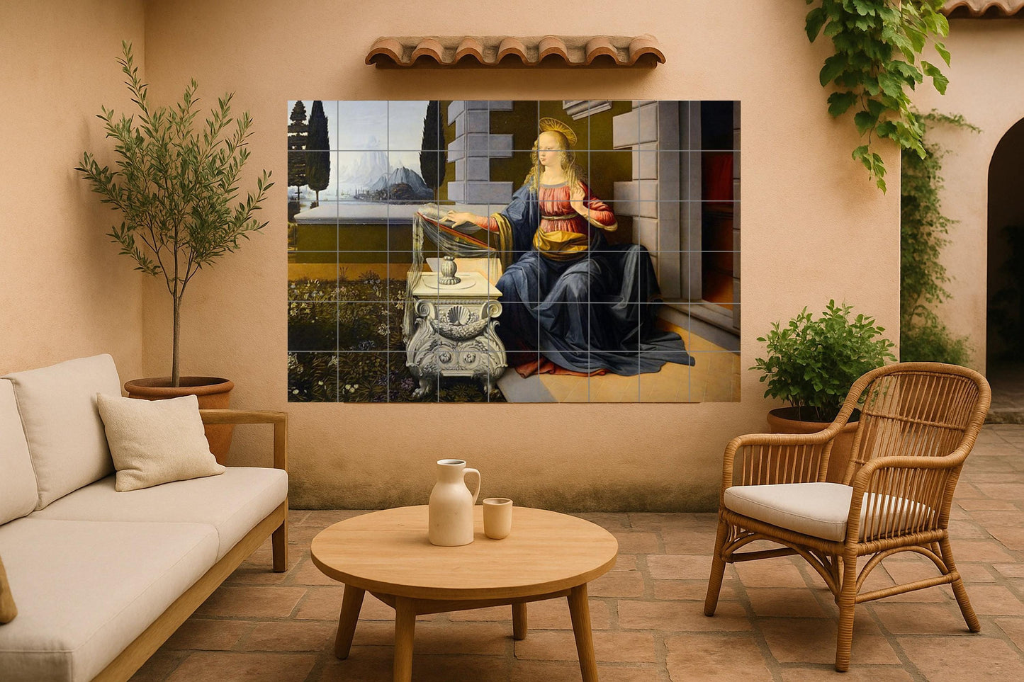 Mural of the Annunciation • Mural art with tiles by Leonardo da Vinci • Renaissance sacred decoration • Panel by an Italian master • Ceramic Marian prayer