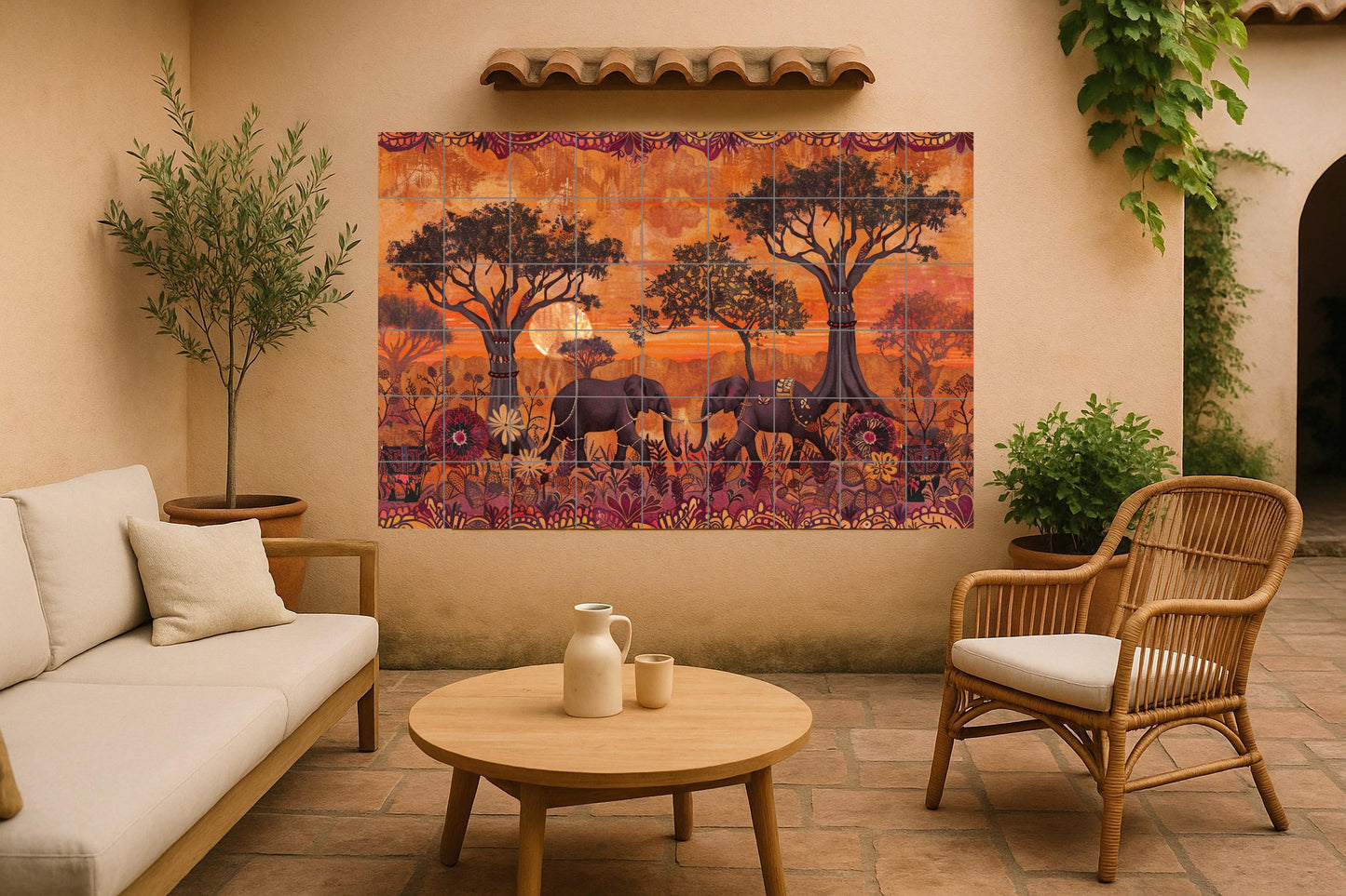 Elephant mural • African wildlife tile mural art • Savannah animal decor • Baobab landscape panel • Safari elegance ceramics • Spirit of nature