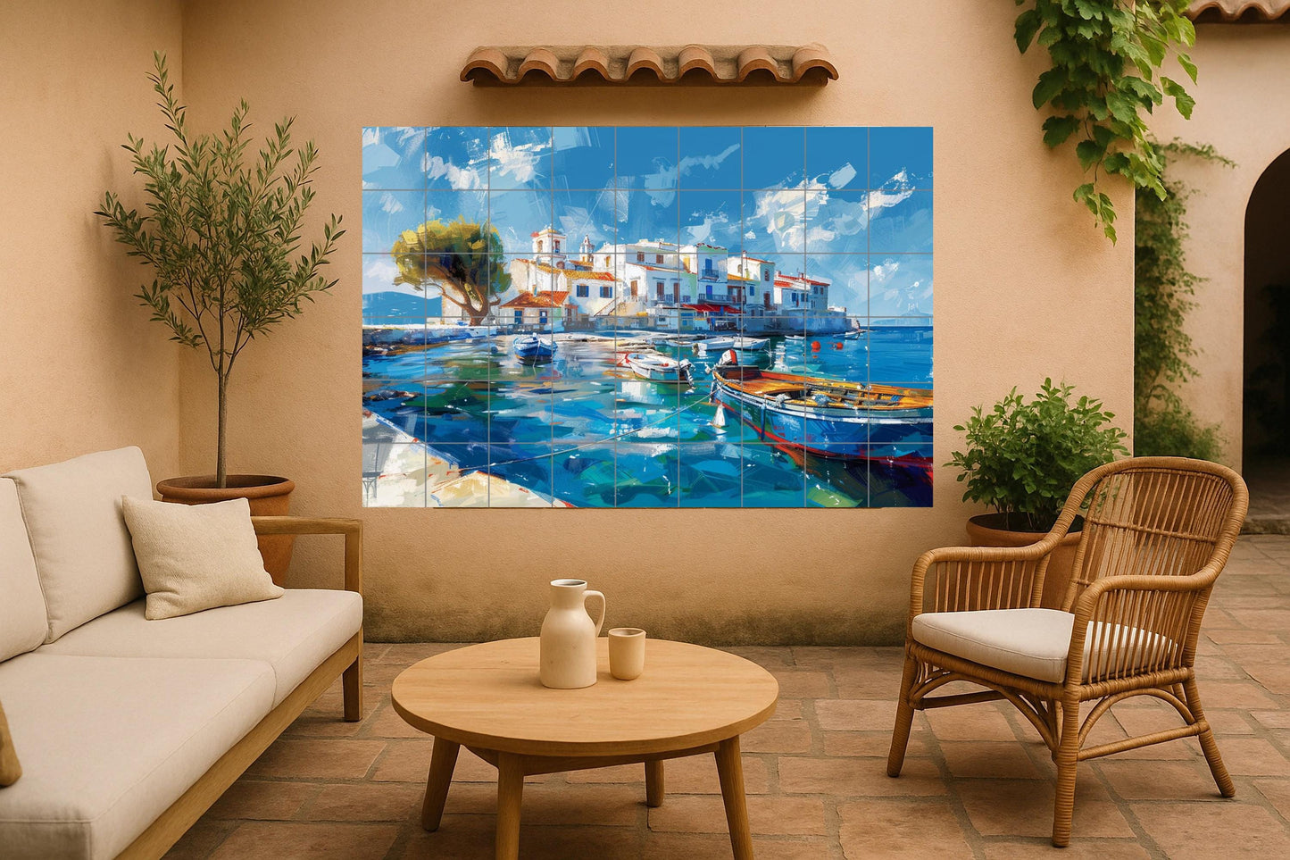 Portofino Mural • Italian Coastal Tile Mural Art • Riviera Harbor Decoration • Ligurian Fishing Panel • Mediterranean Village Pottery • Boat Scene