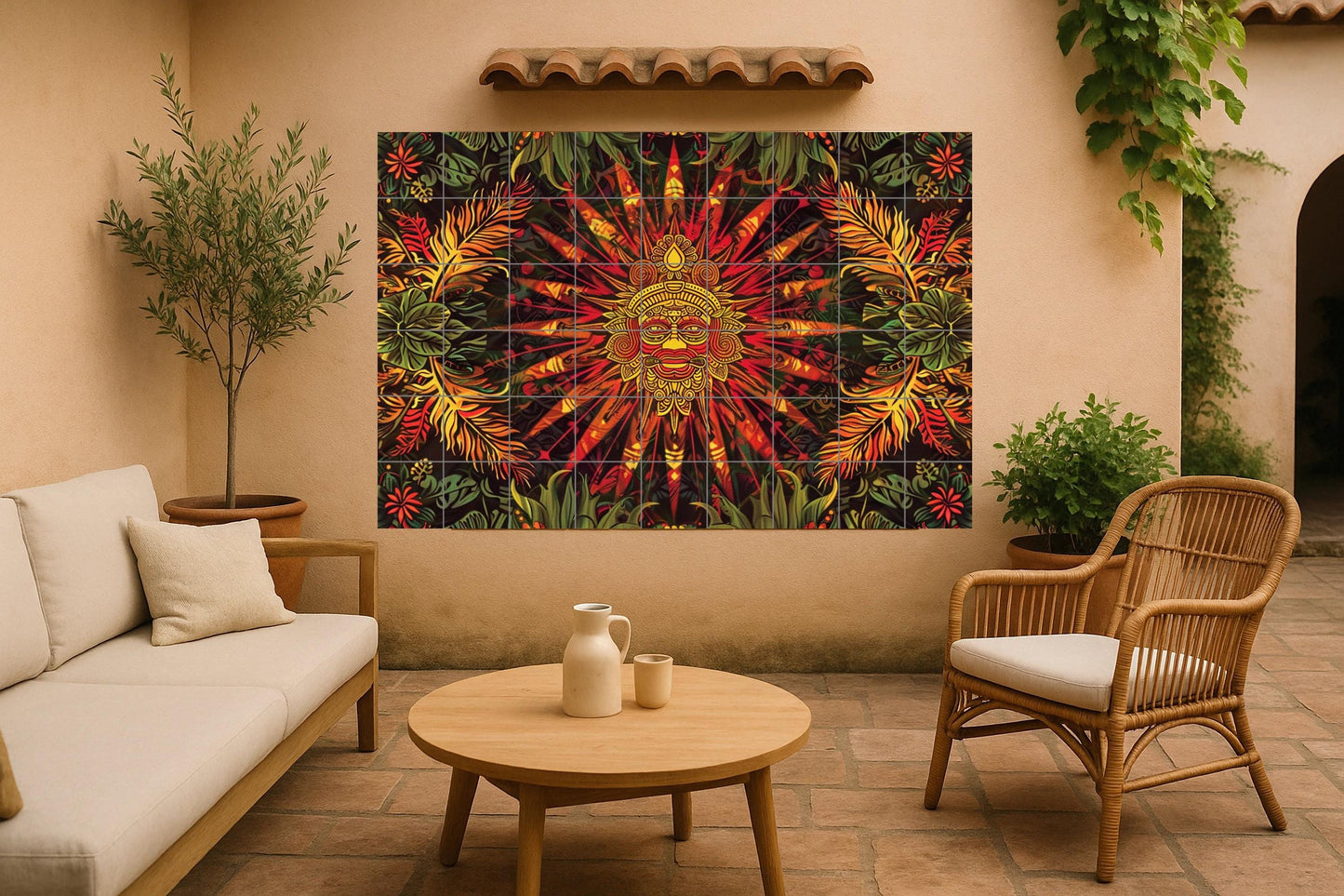 Solar Ancestor Ceramic Tile Mural • African Tribal Sun Face in Red and Gold • Jungle Ethnic Decor with Spiritual Energy and Bold Design