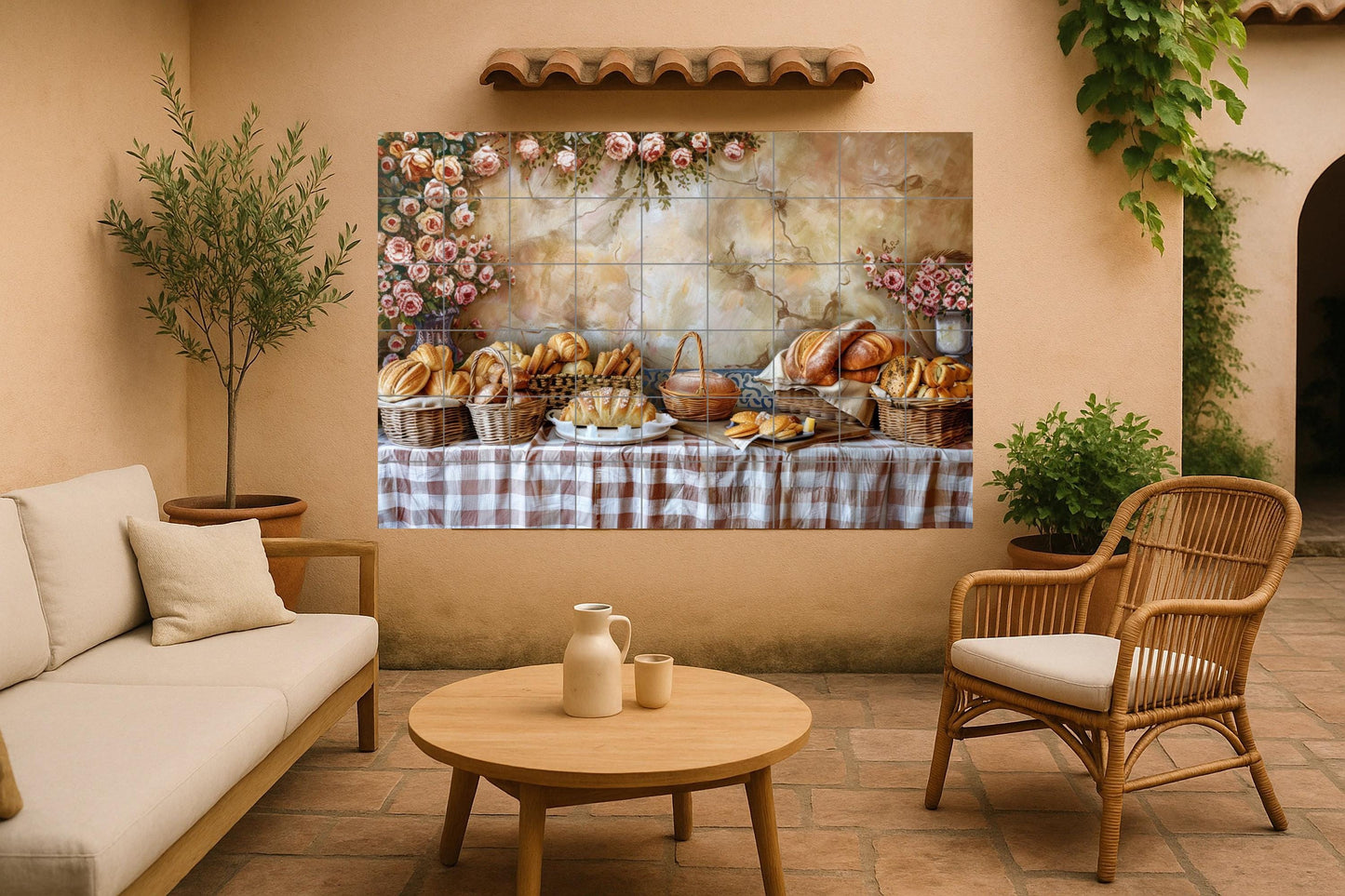 Provencal breakfast tile mural • Fresh bread and roses on rustic linen • French-style ceramic wall art for cozy kitchens and cafes