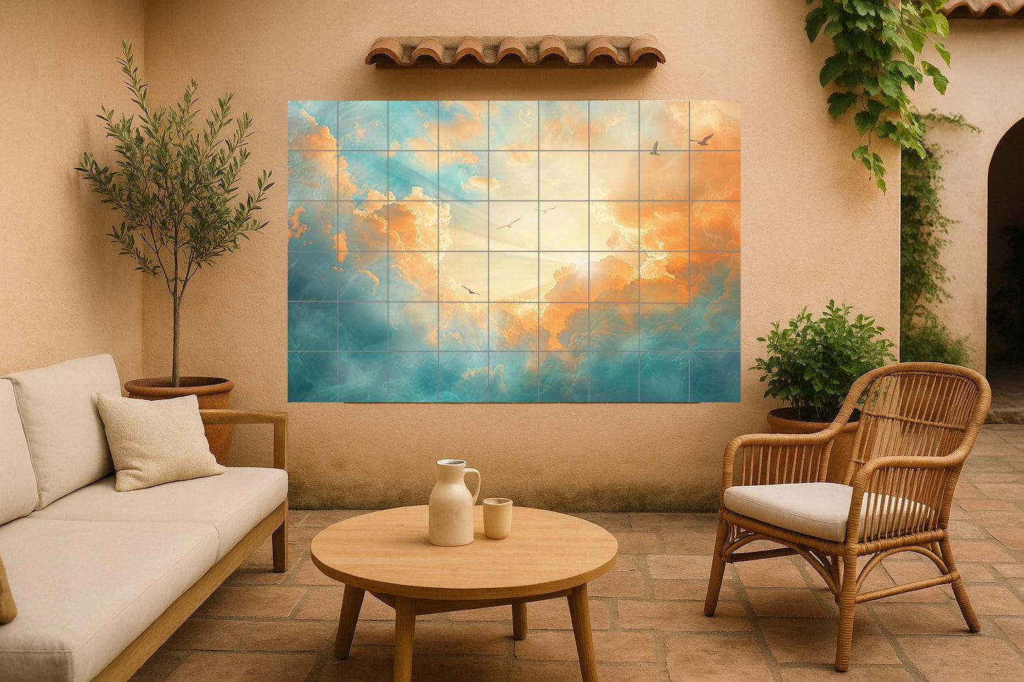 Sacred Sky Mural • Celestial Cloud Tile Wall Art • Spiritual Light Decor • Ethereal Flight Panel • Angelic Ceramic Horizon • Peaceful Sky