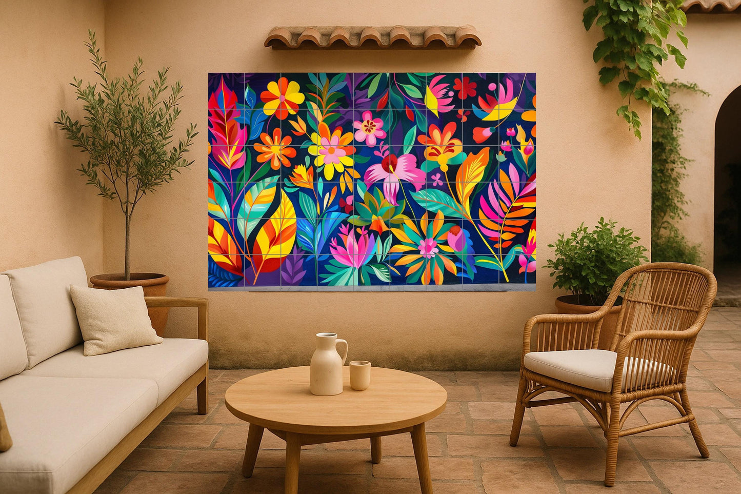 Colombian floral mural • Carnival jungle tile mural art • Tropical festival decorations • Barranquilla flower panel • Caribbean garden ceramics