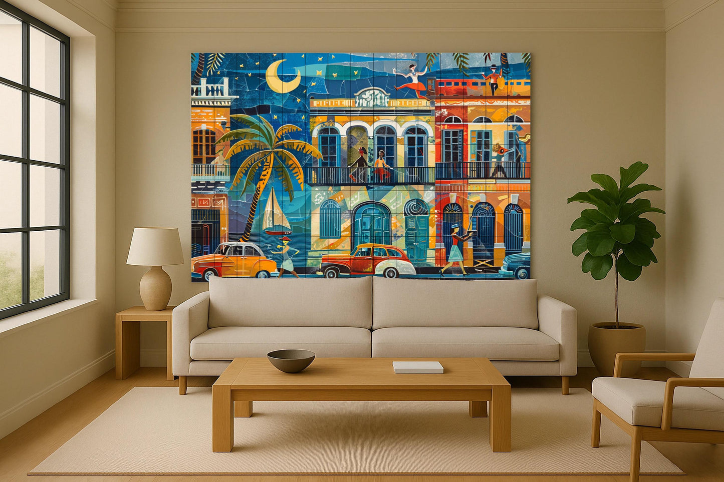 Havana Mural • Cuban Street Tile Mural Art • Colonial Balcony Decor • Salsa Music Panel • Caribbean Car Ceramics • Tropical Night Scene